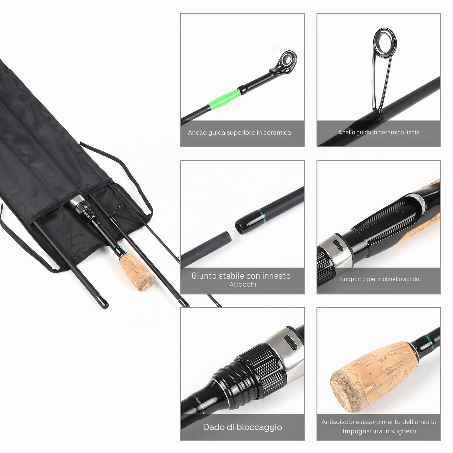 Canna da Pesca da Viaggio Portatile Canna da Pesca Leggera in Fibra di Carbonio 4 Pezzi,Canna da Pesca da Viaggio