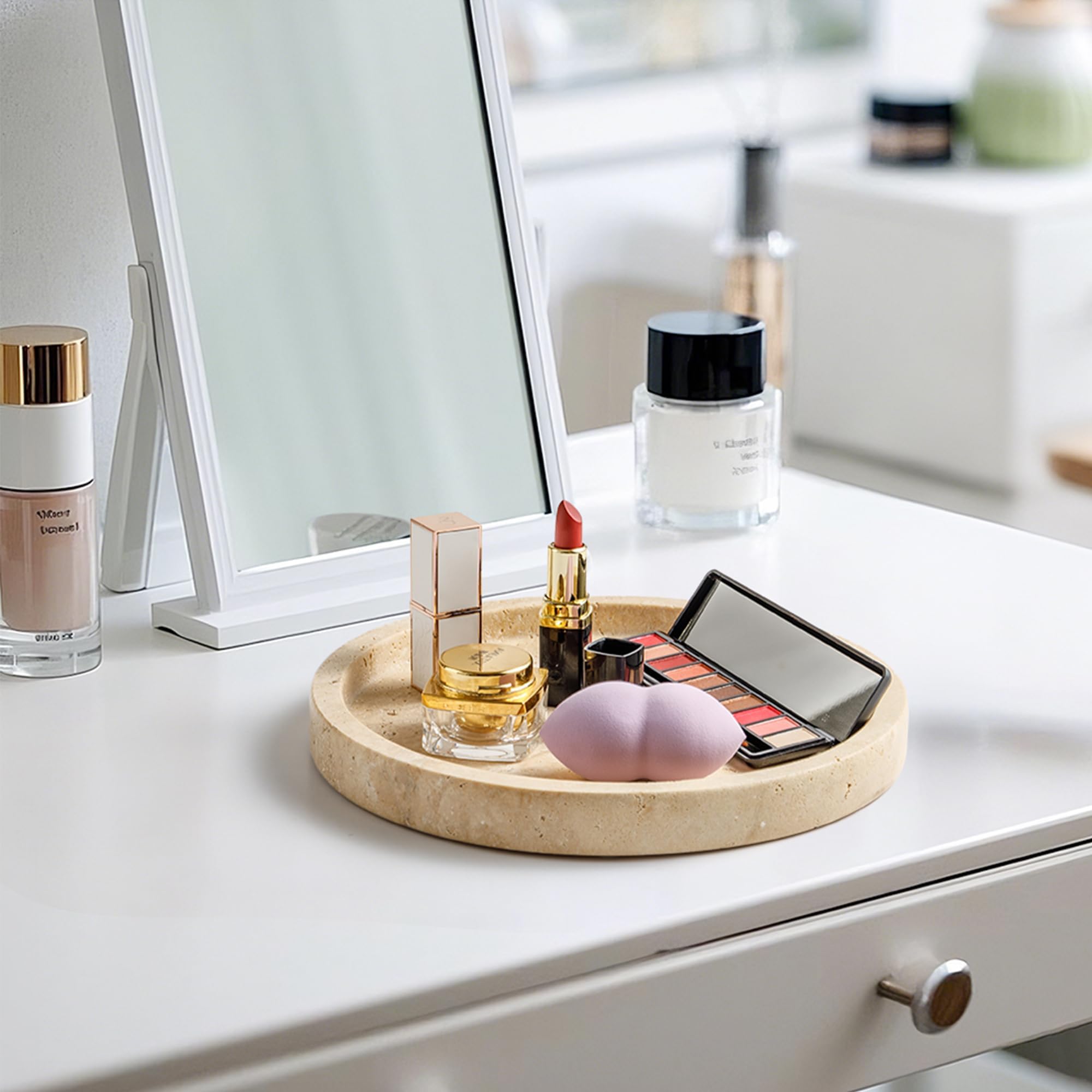 Stół do makijażu z naturalnego marmuru do łazienki, z kamienia trawertynowego na biżuterię, perfumy, kosmetyki, świece, organizer na blat jako dekoracja domu, Beżowy DE-019