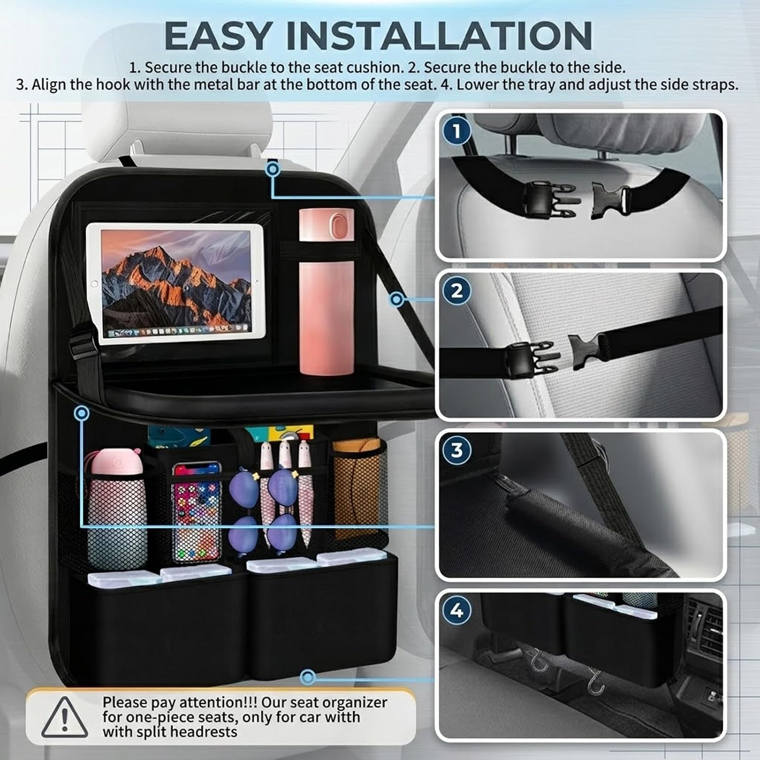 2 in 1 Hanging Backseat Car Organizer,Waterproof Back Seat Car Organizer with Table Trays,Multifunctional Cars Seats Backs Organizers as Kick Mats Back Seat Protector for Vehicles