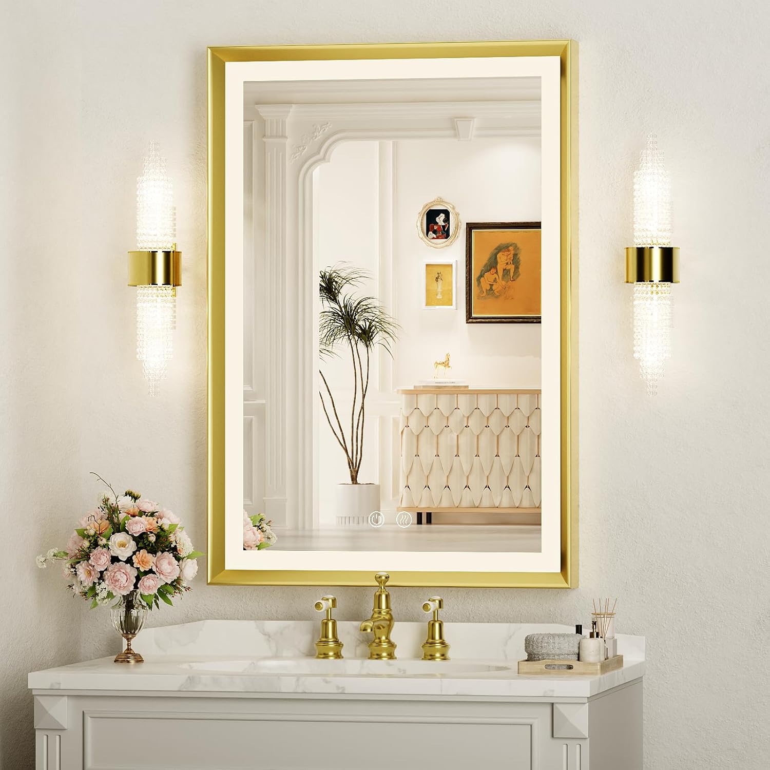 20x28 Inch LED Bathroom Mirror with Lights, Dimmable Anti-Fog Vanity Mirror, 4000K Natural Light, Touch Control, Gold Frame, Wall Mounted Makeup Mirror for Bathroom, Shaving, Home Decor Gold 20"L x 28"W