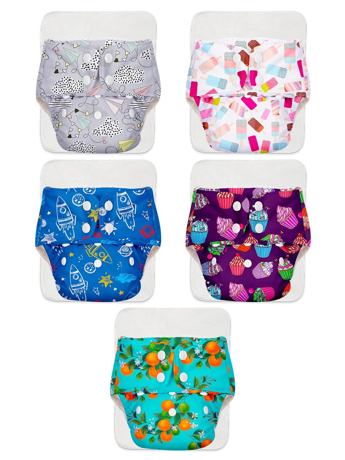 SuperBottoms BASIC Pack of 10 (5 Shell + 5 Insert) Freesize Adjustable, Washable and Reusable Cloth Diaper for babies 3 Months -3 Years | One Size Adjustable Diapers | Assorted prints