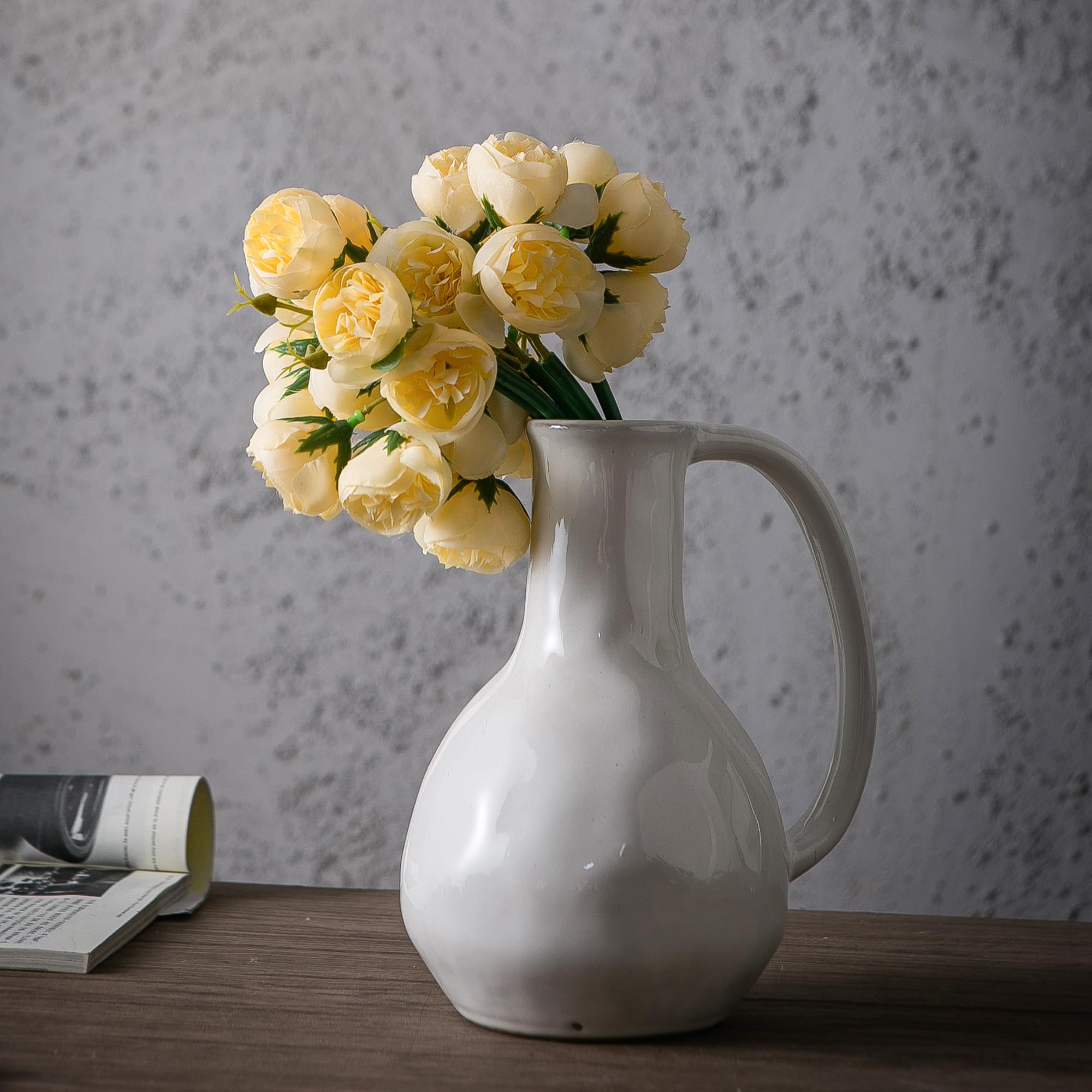 White Ceramic Vase with Big Handles, Modern Farmhouse Decor, Rustic Pottery for Flowers, Decorative Terracotta Centerpiece for Dining Table