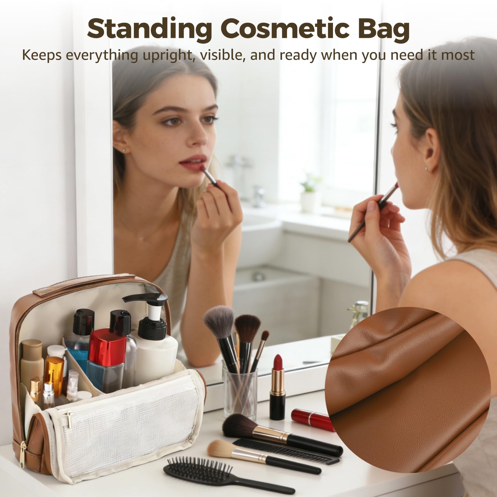 Trousse cosmétique Debout à Prise métallique, Grande capacité, Organiseur de Toilette Portable, étui de Voyage en Cuir PU imperméable, Ouverture Verticale, pour Sport et Camping