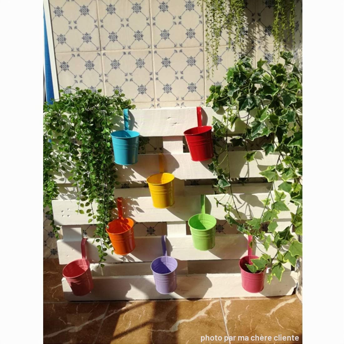 Lot de 10 Pots de Fleurs à Suspendre en Métal, Trou de Drainage | Pots de Fleurs en Métal à Suspendre avec Crochet Amovible pour Intérieur Extérieur Balcon Clôture, 10 Assortiment de Couleur
