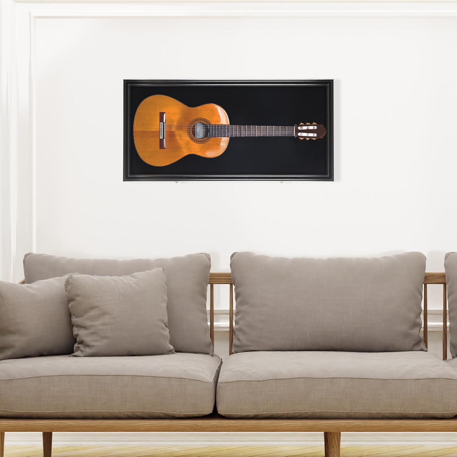 DisplayGifts 45" Acoustic Guitar Display Case Cabinet Shadow Box with Guitar Hanger Stand, Lockable 98% UV Protection Black Felt Interior Black Finish Frame