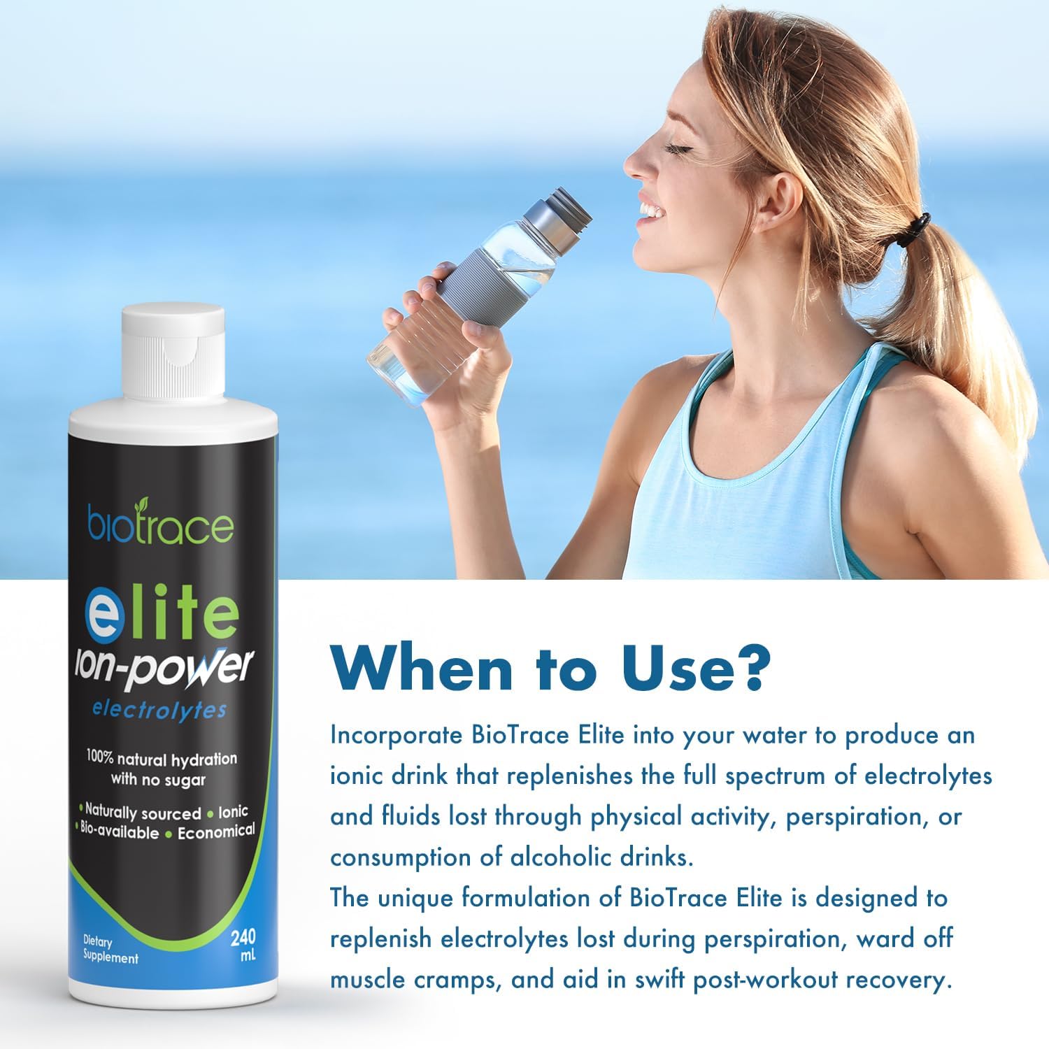 Woman drinking water with BioTrace Elite Electrolyte Drops