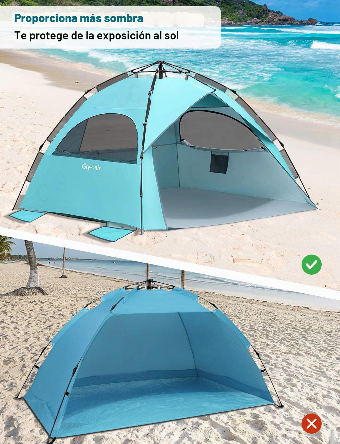Glymnis Tienda de Playa para 4 – 6 Personas, Carpa Hidráulica Automática Portátil Protección Solar UPF 50+, Proteccion UV, Ventilación con Bolsa de Transporte para Exteriores Picnic