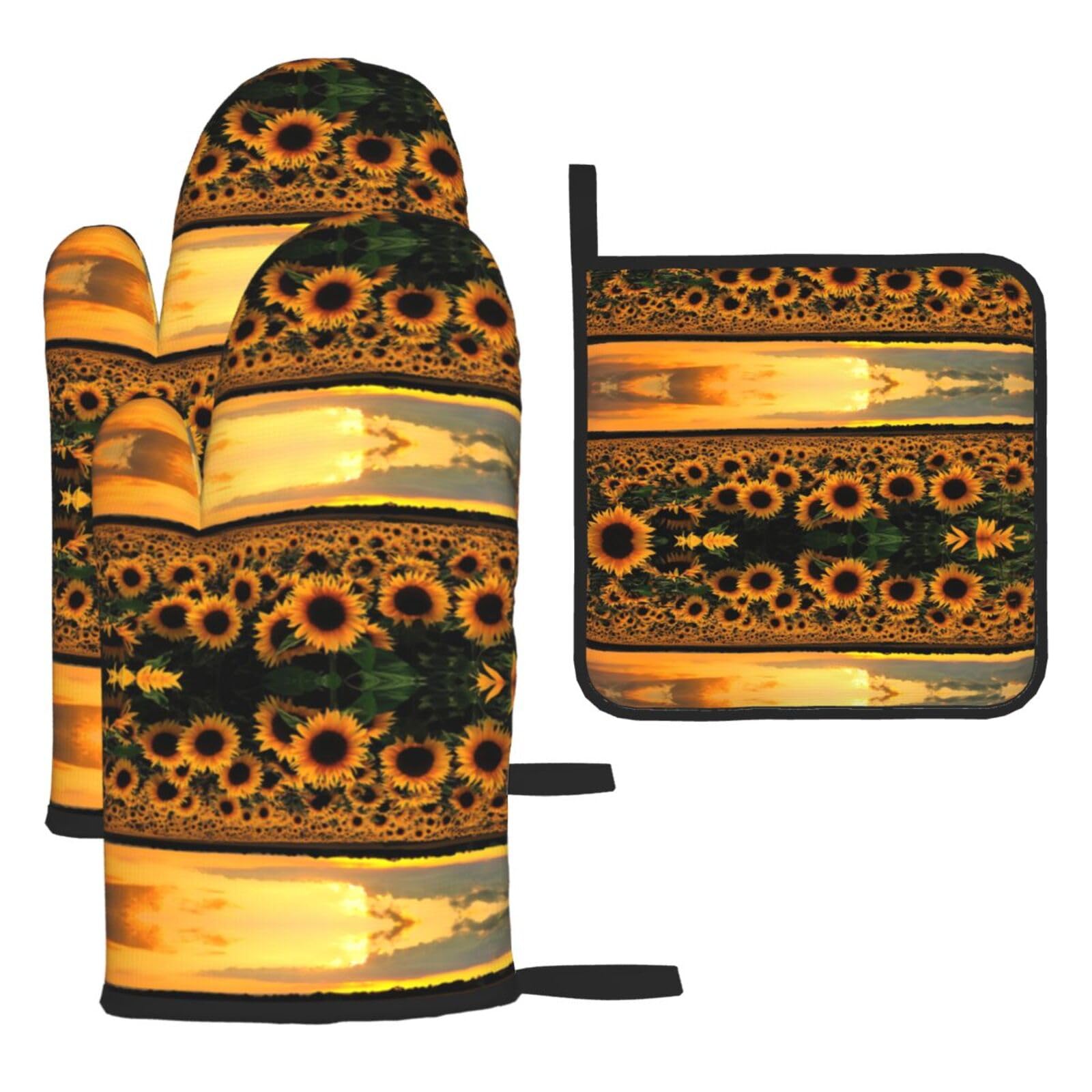 Sunflower and sunset 3 Piece Kitchen Oven Mitt Set Heat Resistant Gloves with Pot Holder Mat Polyester Printed for Cooking Baking BBQ Grill