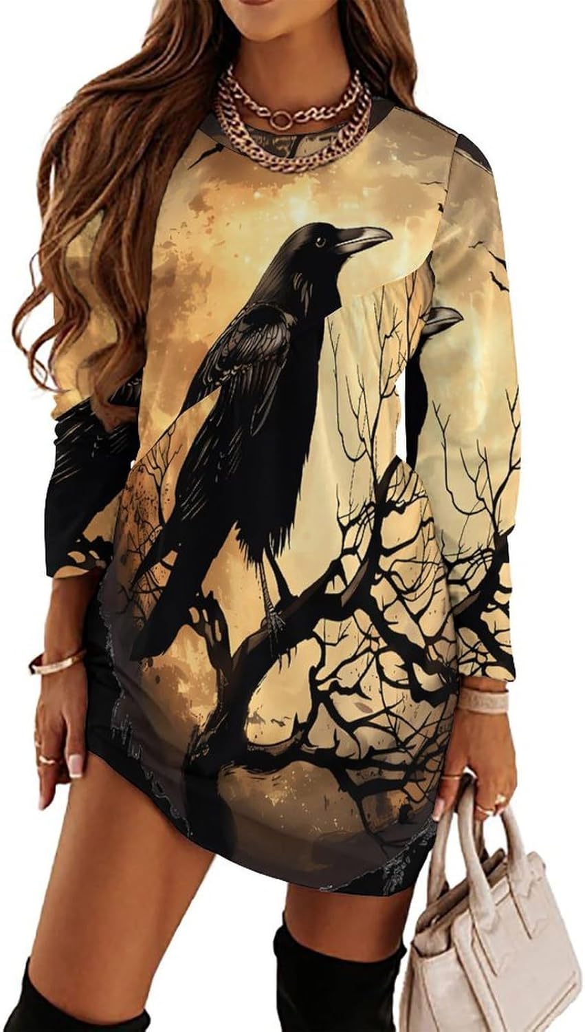 Crow and Moon Women's Fleece Sleeve Sweatshirt Dress Long Pullover Casual Dresses