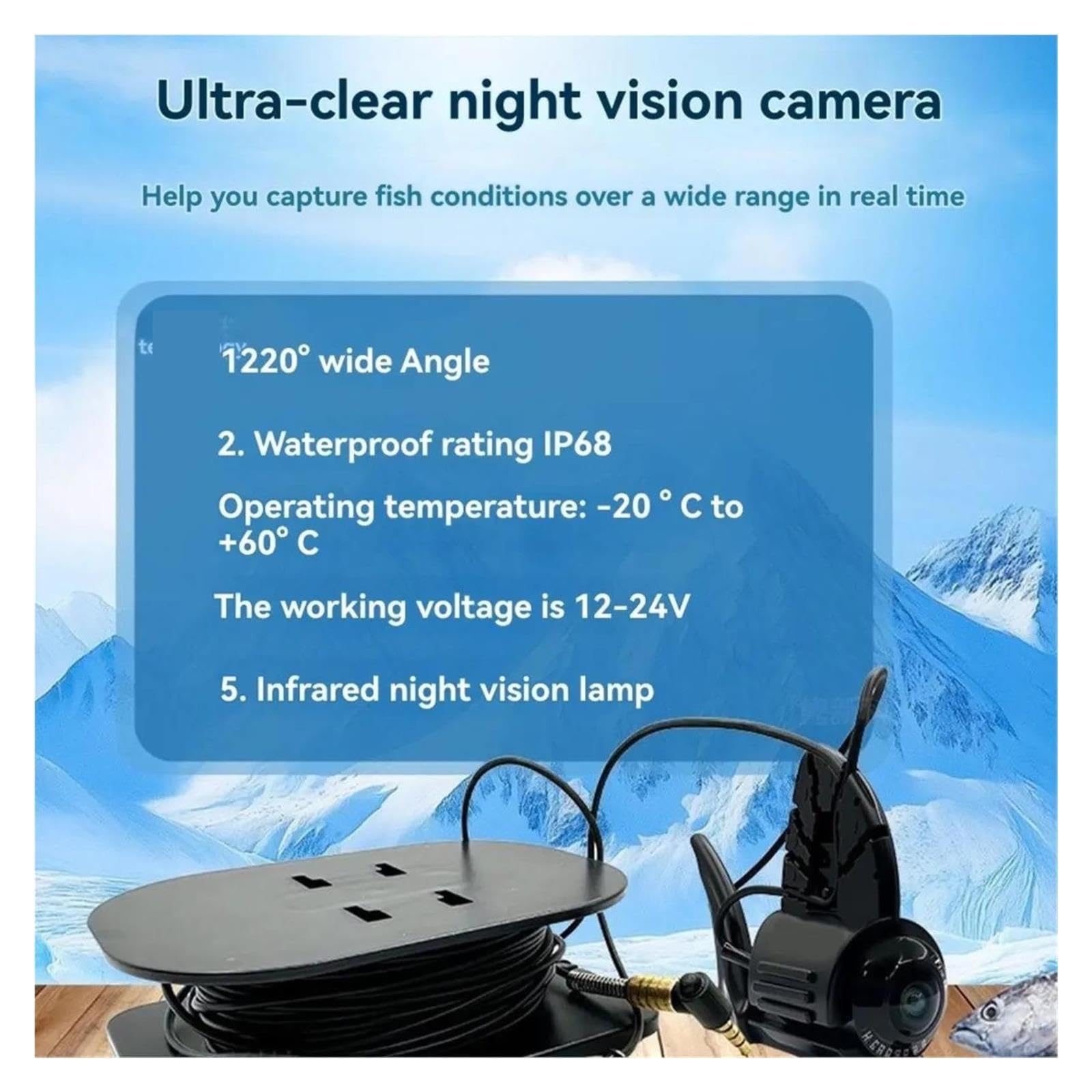 Fotocamera per la Pesca Subacquea Telecamera da Pesca Subacquea 4,3 Pollici Cavo 20 m IP68 IR Visione Notturna