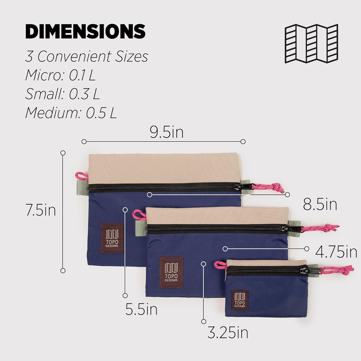 Topo Designs Accessory Bag 3 Piece Bundle, Travel Organizers for Smaller Items, Durable Storage Pouches (Cobblestone/Aura)