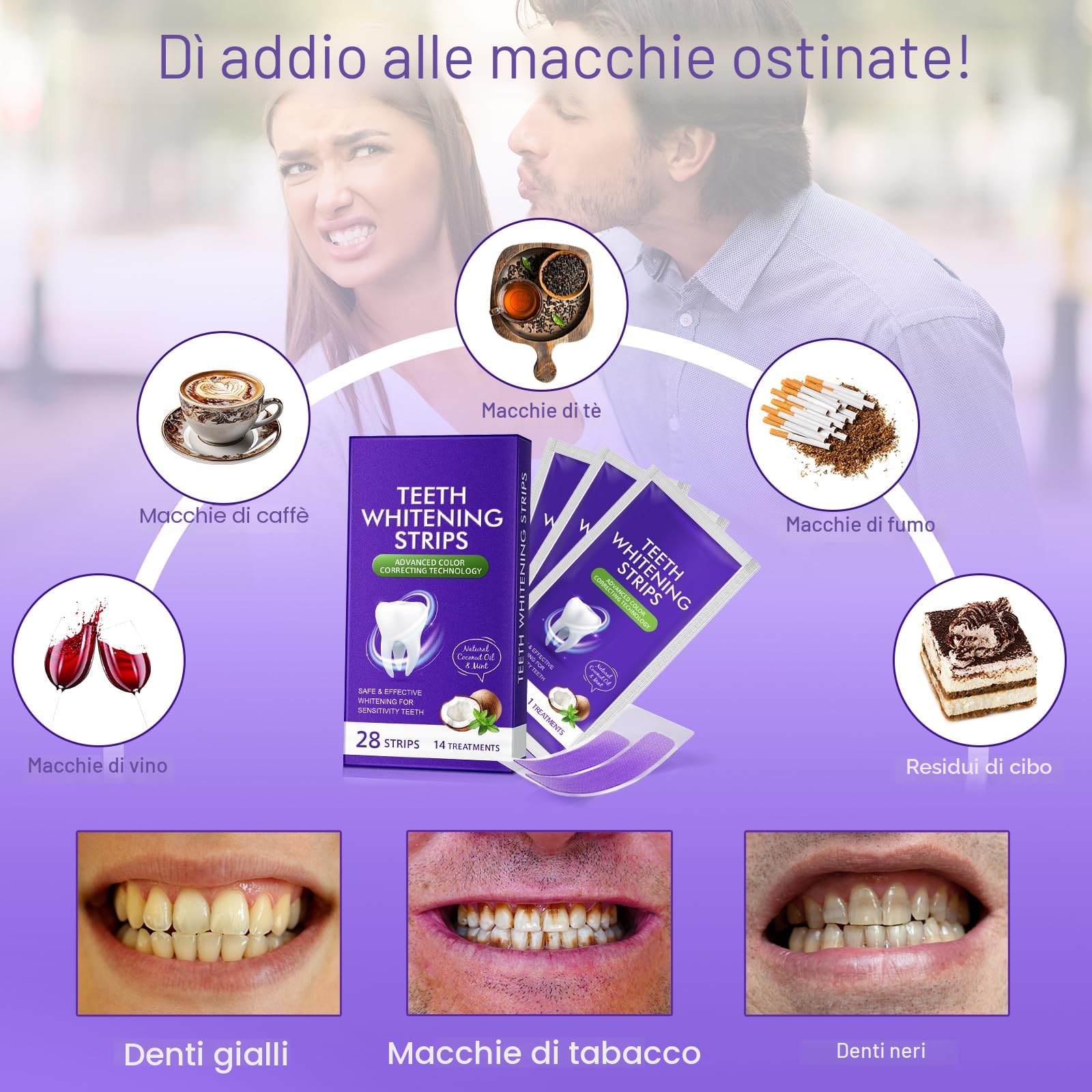 Strisce sbiancanti dei denti viola Strisce sbiancanti 14 trattamenti per smalto sicuro, Teeth Whitening Strips Dall'interno, At-Home Kit sbiancante - Sensitivity Free