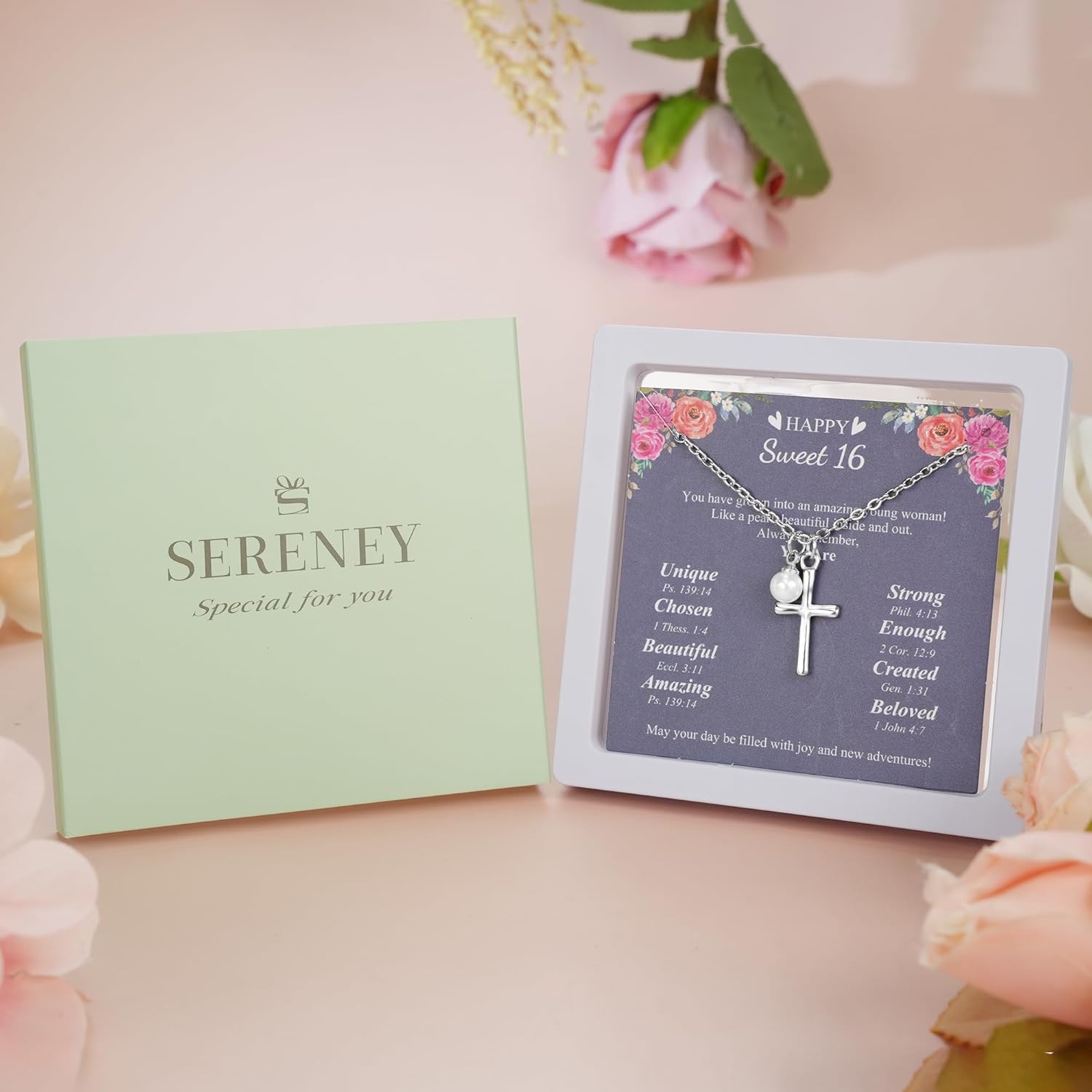 Sereney Happy Birthday Gifts for Girls, Silver Stainless Steel Necklace as 11 13 15 16 Year Old Teens Birthday Gift, Adjustable Cross Pearl Necklace Birthday Gifts for Daughter Granddaughter Niece Girls - Image 2