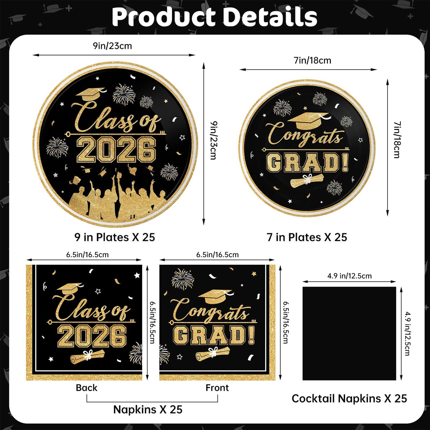 Class of 2026 Graduation Party Supplies - Congrats Grad Tableware Set, Black and Gold Paper Dessert Plates and Napkins for Graduation Table Decorations 2026 Grad Party Decor, Serves 25 - Image 3