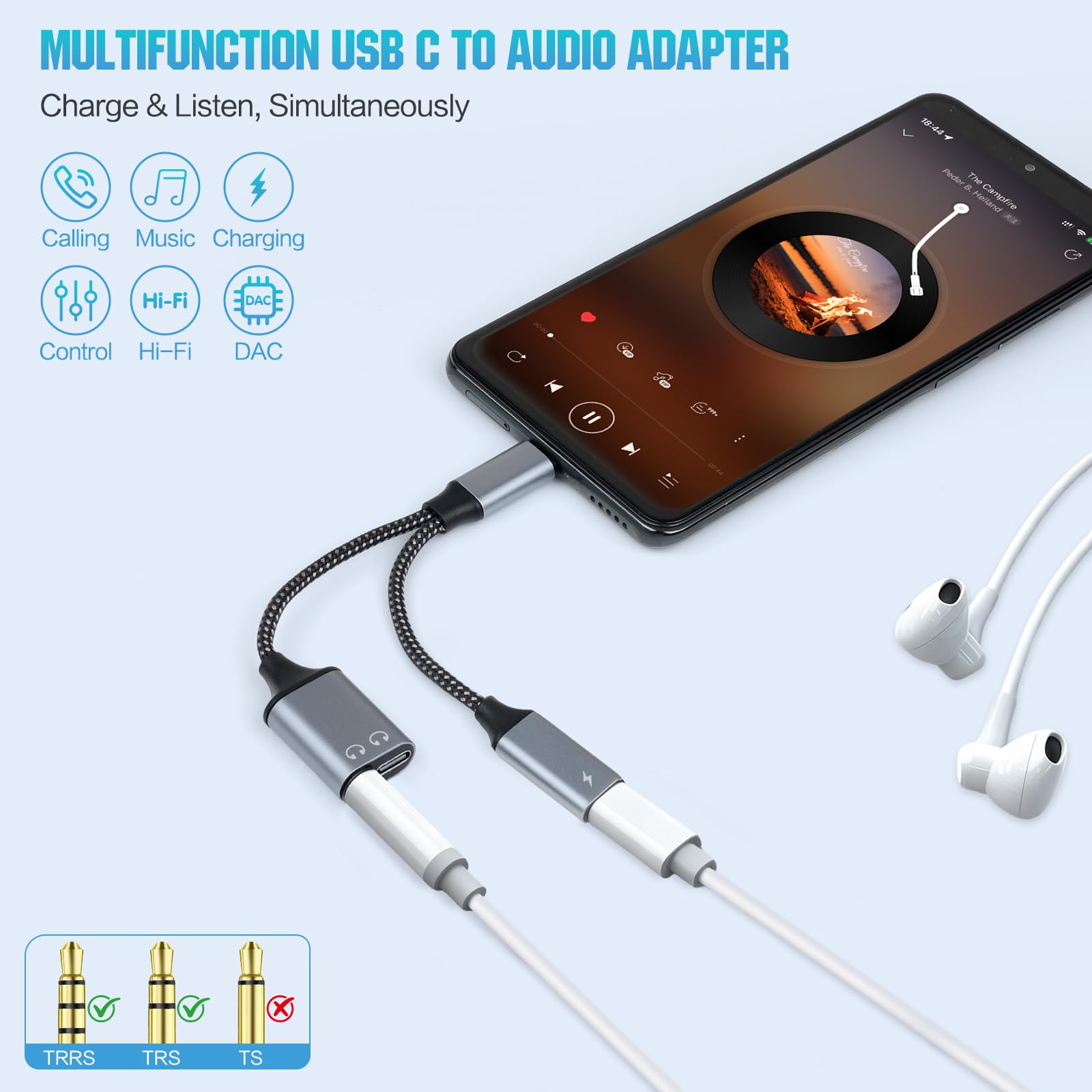 Adaptador de auriculares USB-C a 3.5 mm, soporta carga rápida PD de 60 W, 3 en 1 tipo C a AUX, interfaz de audio tipo C y carga USB-C, calidad de sonido DAC de alta fidelidad, compatible con iPhone 15
