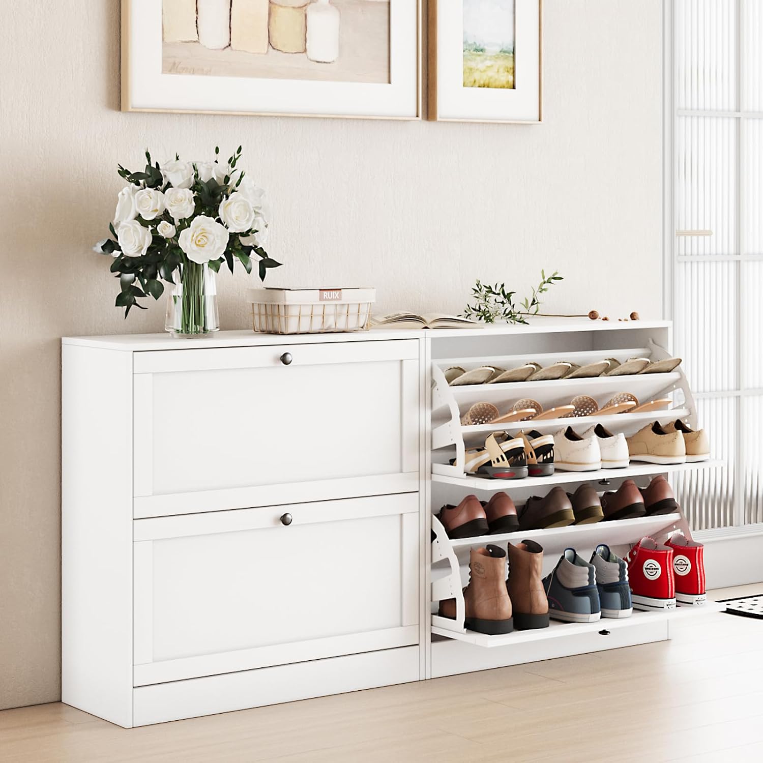 VOWNER Shoe Cabinet with 2 Flip Drawers, Shoe Storage Cabinet with 3-Tier Shoe Rack & Adjustable Shelves, Shoe Organizer for Entryway, Hallway, White