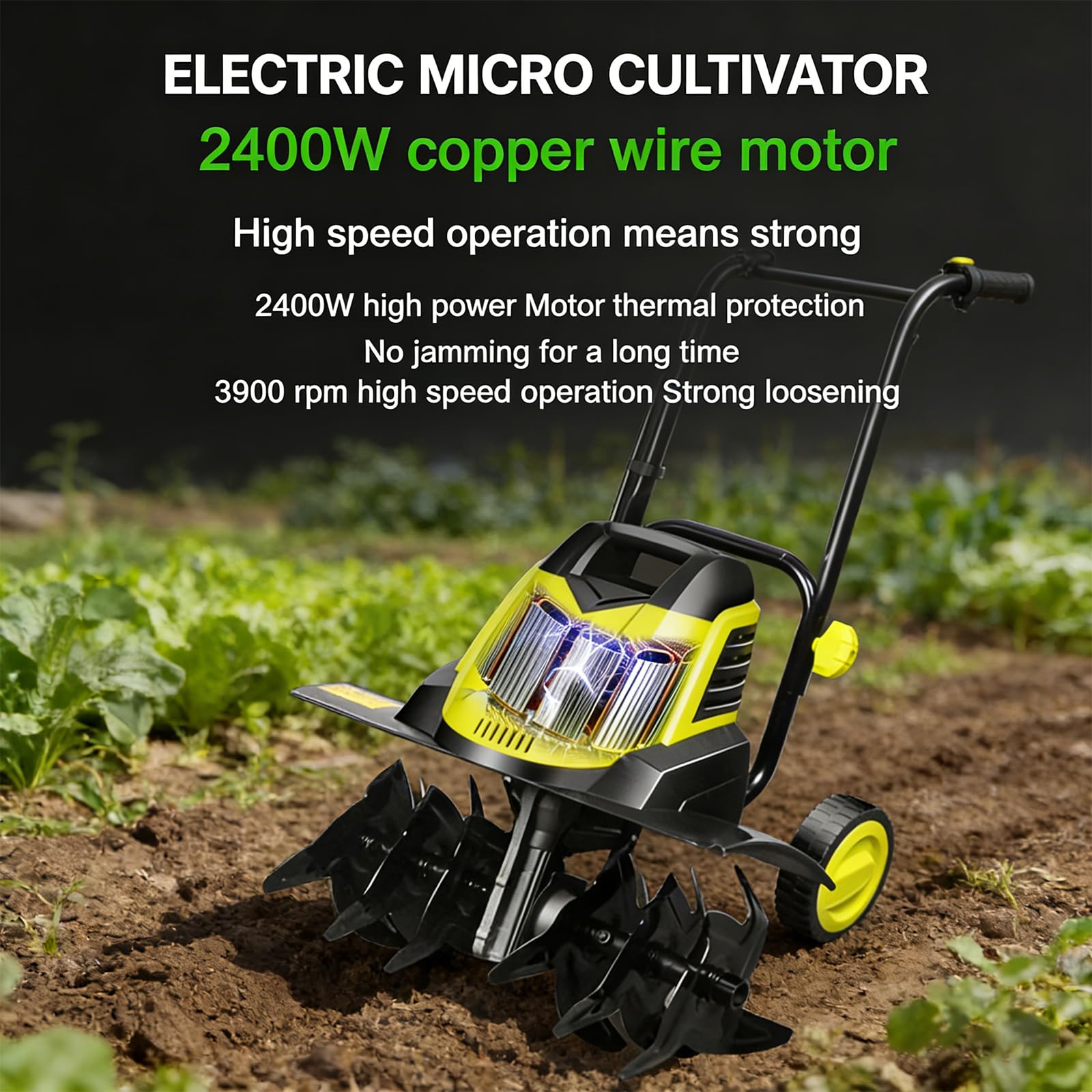 Generico Elettrico Coltivatore 2400 W, Diserbo con 3 Lame, Cavo di Prolunga, profondità di Lavorazione 22 Cm, Larghezza di Lavoro 45 Cm, Motozappa Multifunzionale per Giardino