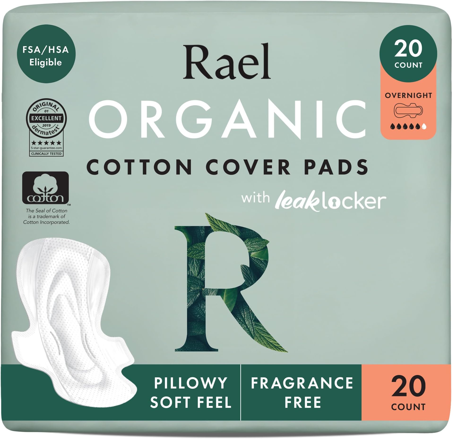 (2 Pack) - Rael 100% Organic Cotton Menstrual Overnight Pads - Thin Natural Sanitary Napkins With Wings (2 Pack of 8 Pads)