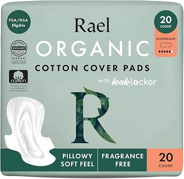 Rael Organic Cotton Cover Sanitary Pads for Women, Heavy Overnight, 20 Ct | Ultra Thin Period Pads with Wings, Heavy Absorbency, Unscented, Chlorine Free, Period Essentials, Feminine Care