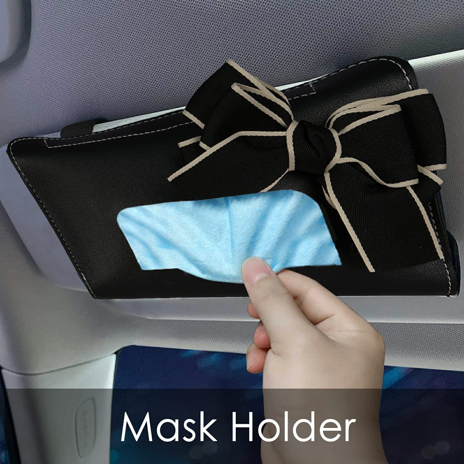 Linkidea 2 Pack Cute Bow Sun Visor Napkin Holder for Women, Tissue Box Holder for Car Visor, PU Leather Facial Tissue Case Mask Holder with Adjustable Elastic Strap for Cars (Black)
