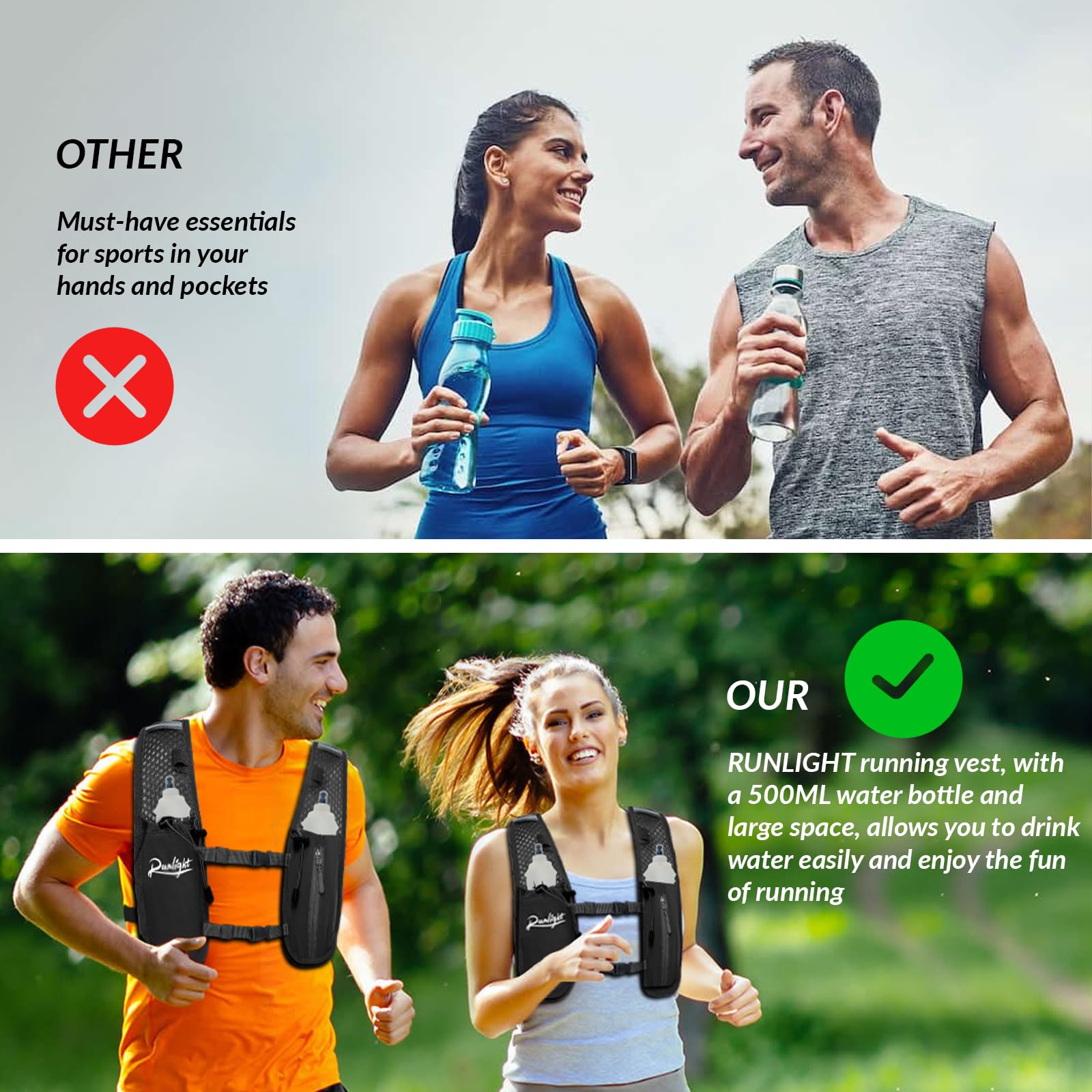 Laufweste, Leichter Wasserrucksack mit 500 ml Soft Flask, Lauf-Trinkwesten-Rucksack für Männer und Frauen, Trinkrucksack zum Wandern, Radfahren für Männer und Frauen