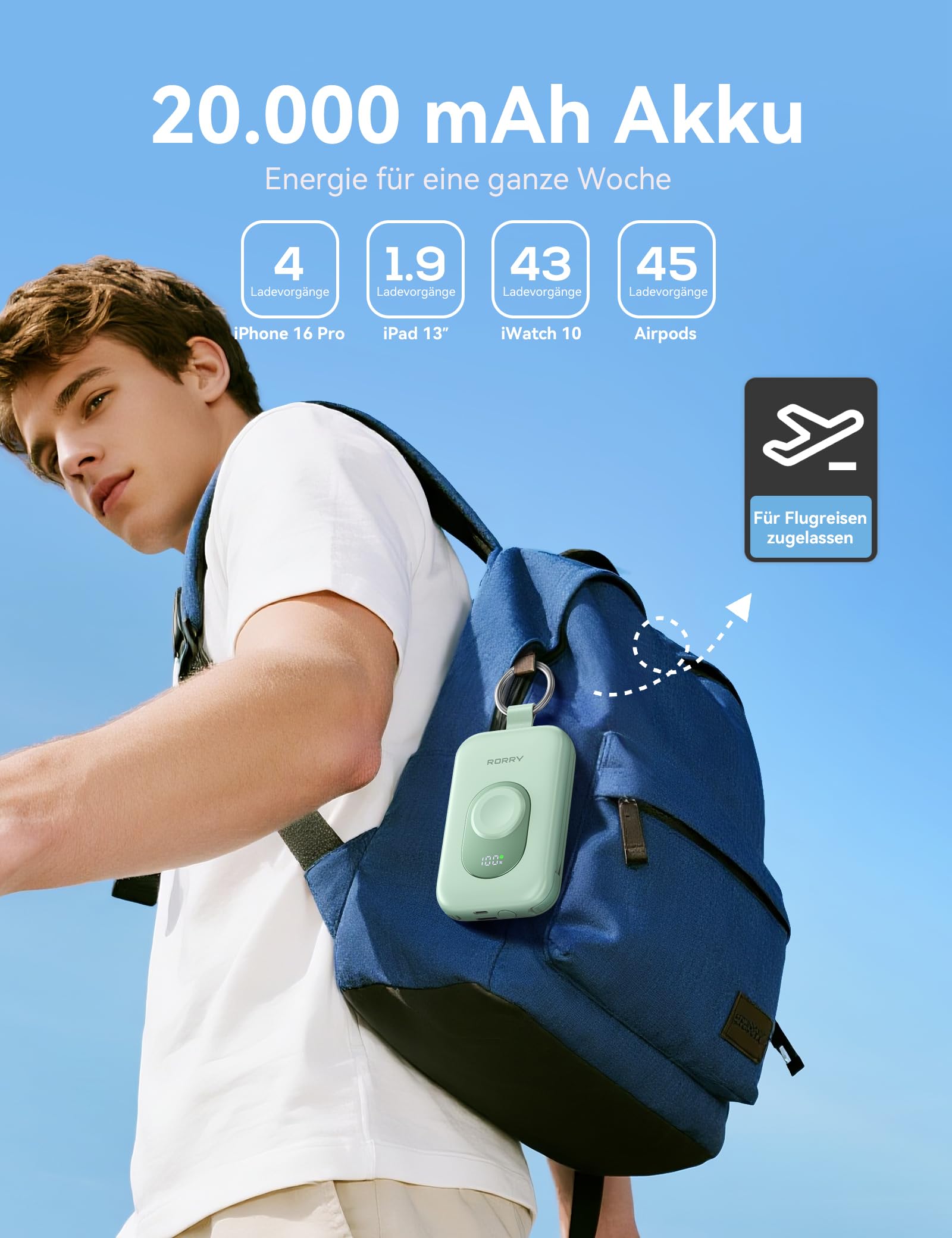 RORRY Powerbank,Power Bank 20000mAh 30W PD Schnellladen,Portable Charger mit 2 Integrierten Kabeln, Externer Handyakku mit Schlüsselanhänger, Reise-Essential für iPhone, Apple Watch, iPad, Grün