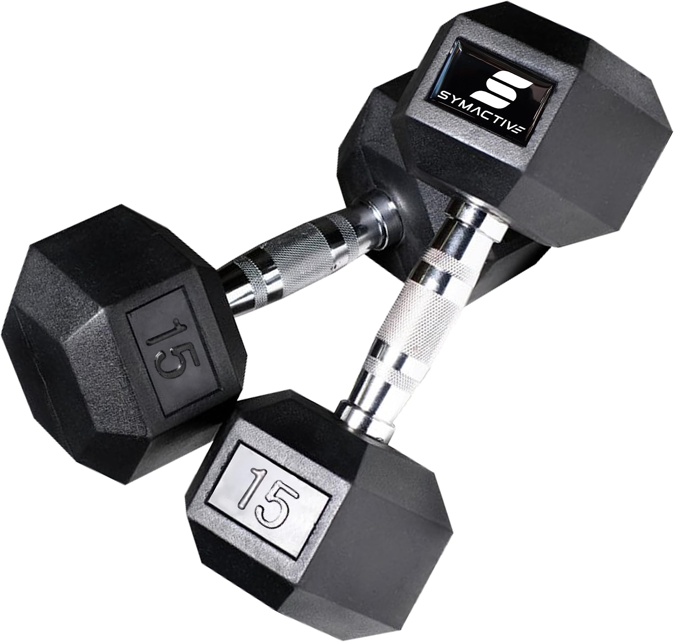 Amazon Brand - Symactive Rubber Coated 30 Kg Hex Dumbbells Set for Full Body Workout (Set of 2, 15 Kg, Black)