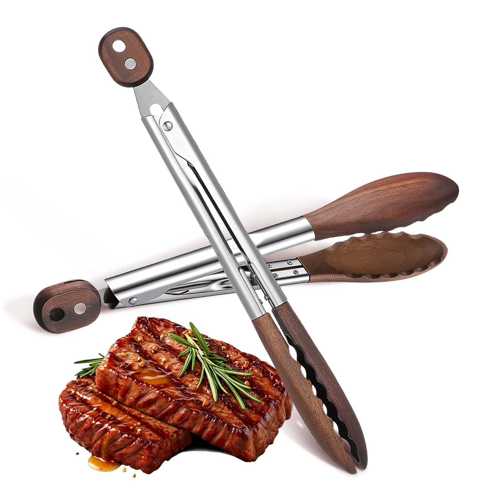 NUOBESTY 2 Pinze da Portata in Legno di Noce, 23 Cm E 30 Cm, Pinze da Insalata in Legno con Manico Bloccabile in Acciaio Inossidabile per Pasta, Barbecue, Buffet E Cucina.