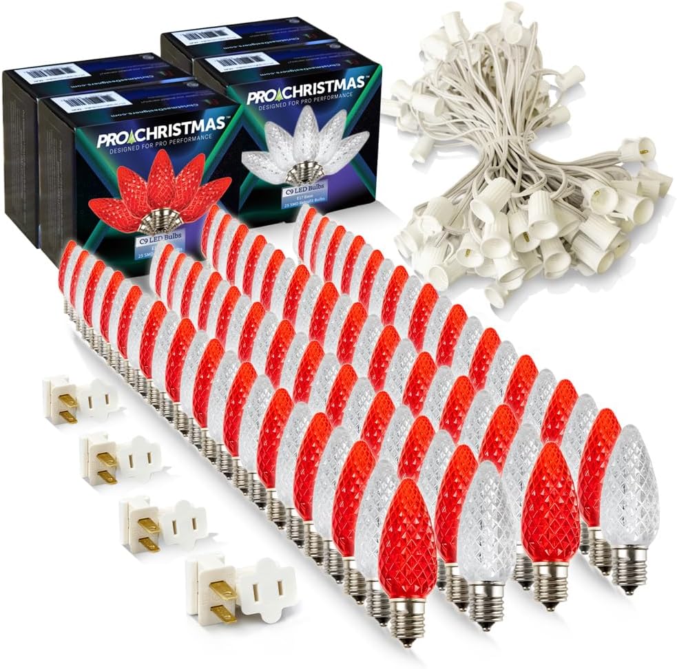 Pro Christmas C9 LED Christmas Light Kit for Rooflines & Pathways – DIY Cut to Length, Outdoor Commercial Grade (White Wire w/Vampire Plugs, 100 Bulbs, 100 ft) Pure White and Red
