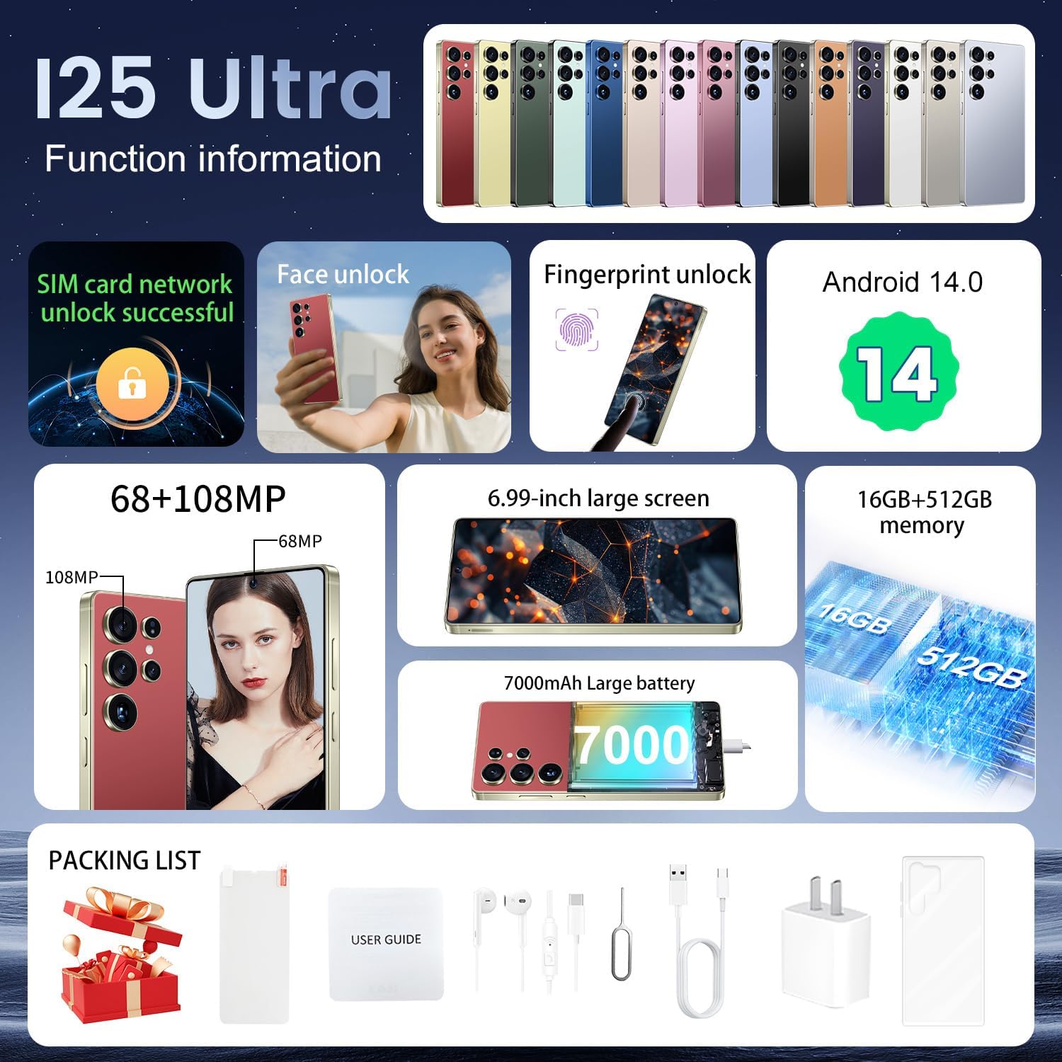BDWJW I25 Ultra Smartphone 16GB+512GB Android 14 Smartphone, 6.99" FHD+ Display, 7000mAh Battery, 108MP+68MP Dual Camera, Built-in Pen Stylus, Fast Performance Large Memory (Wine Red)