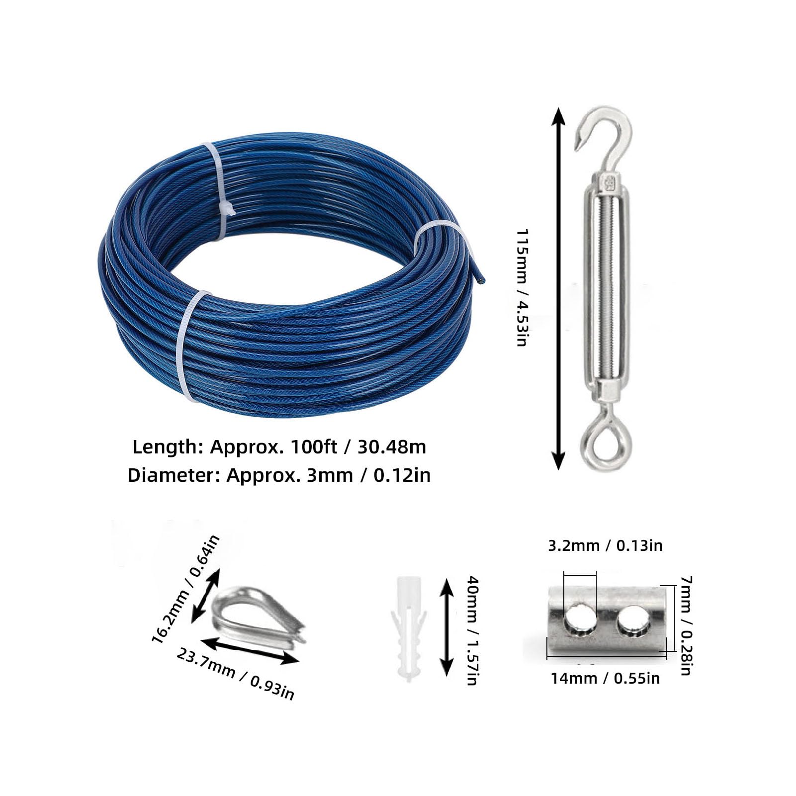 FTVOGUE Kit Tenditore per Fune, Kit Traliccio in Acciaio Inossidabile 304 con Cavo Rivestito in Plastica Blu da 100 Piedi 3 Mm, Resistente Ai Raggi UV, per Stendibiancheria da Esterno Supporto per