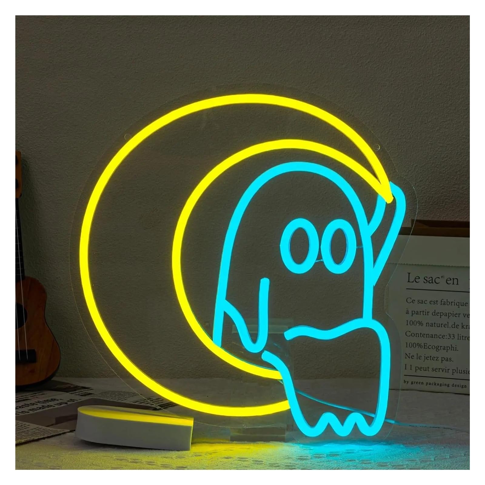 LEMST Signs Lamp Moon Ghost Neon Sign for Party Decoration Wall Bar Kids Room Living Room Dimmable USB Powered Light 32cmх34cm