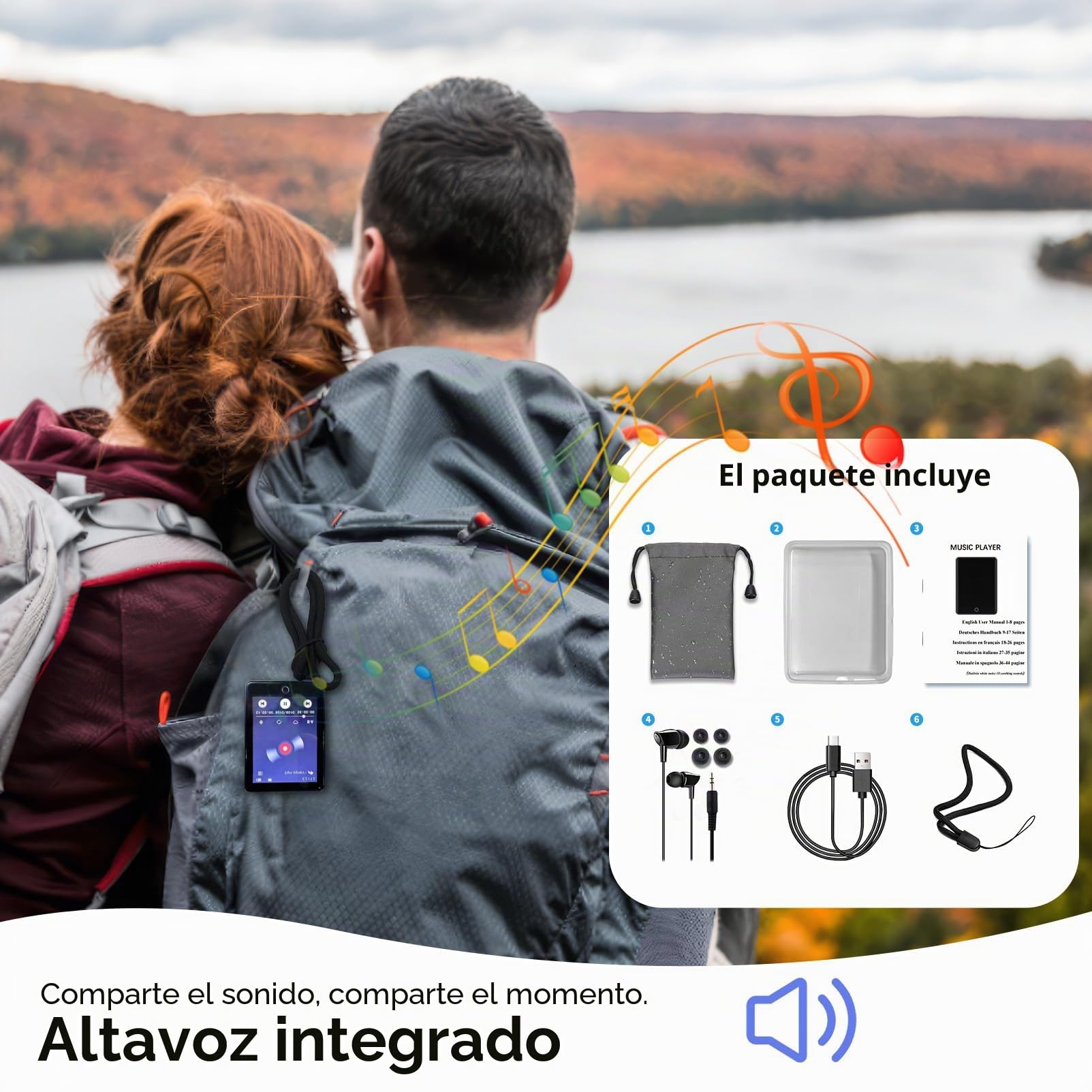Reproductor de MP3 de 64 GB Bluetooth 5.3, pantalla táctil de 2,8 pulgadas, carcasa de zinc, sonido Hi-Fi y altavoz, 48 horas de duración de la batería, ruido blanco (18 sonidos), incluye auriculares