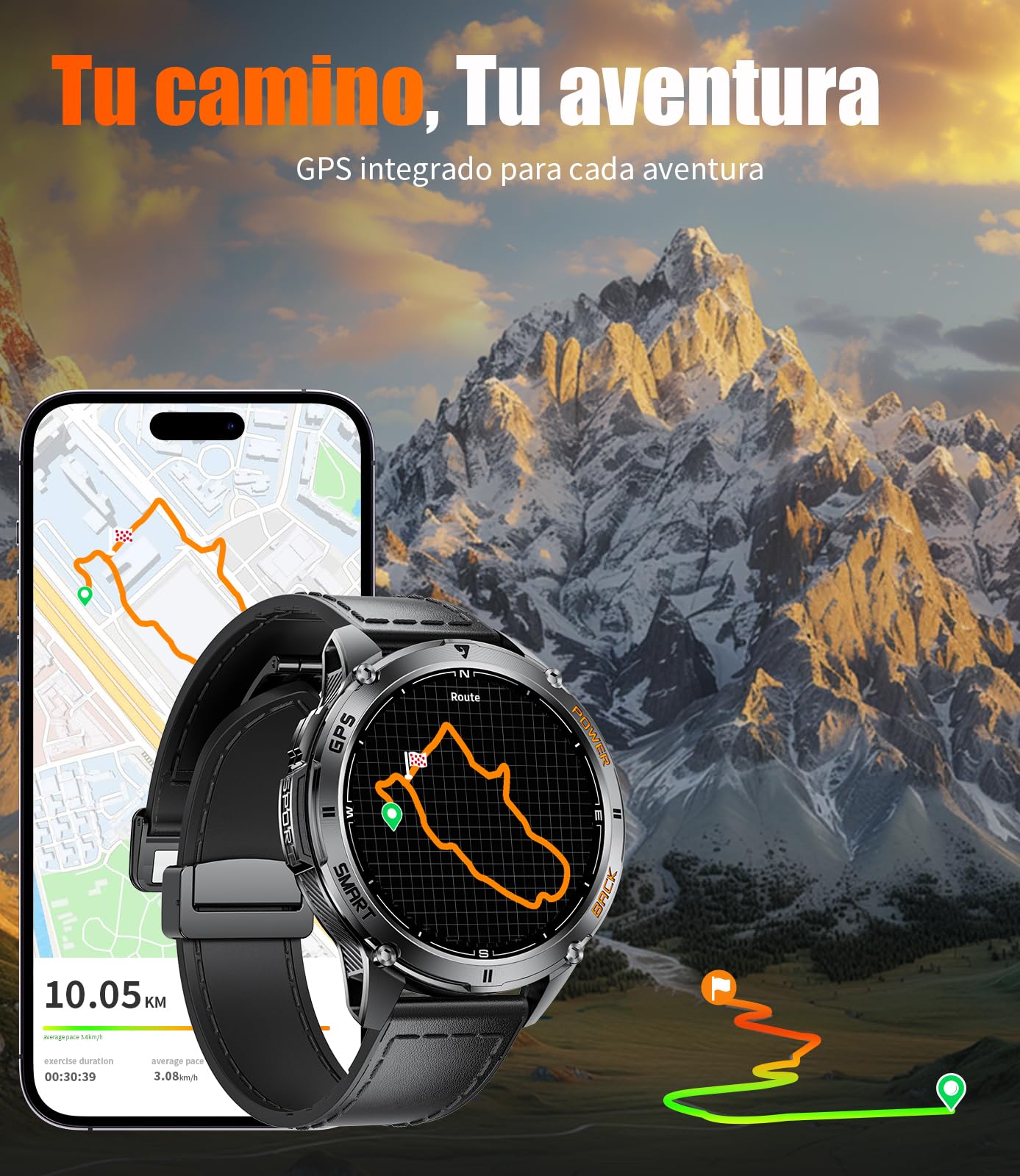 FOXBOX DM4 GPS Reloj Inteligente Hombre, 1.43" AMOLED Smartwatch con LED Linterna para Android iOS, 6 Localización por Satélite, IP68, Llamadas, 200+ Watch Face,170+ Deportes, Correa de Cuero Negro