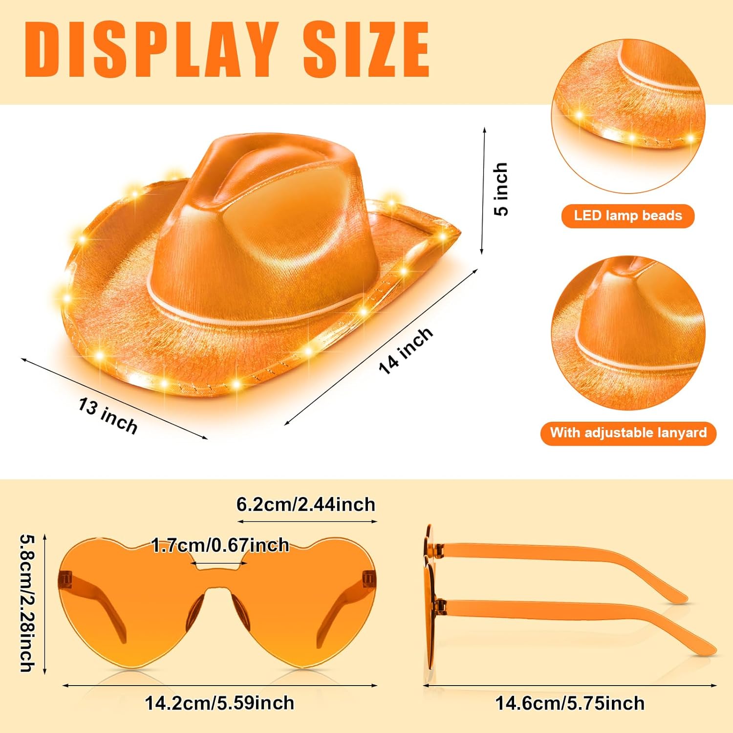 Zhanmai 8 Pieces Cowboy Hat LED Light Up Hat and Heart Sunglasses Sparkly Space for Cowgirl Women Halloween Costume - Image 2