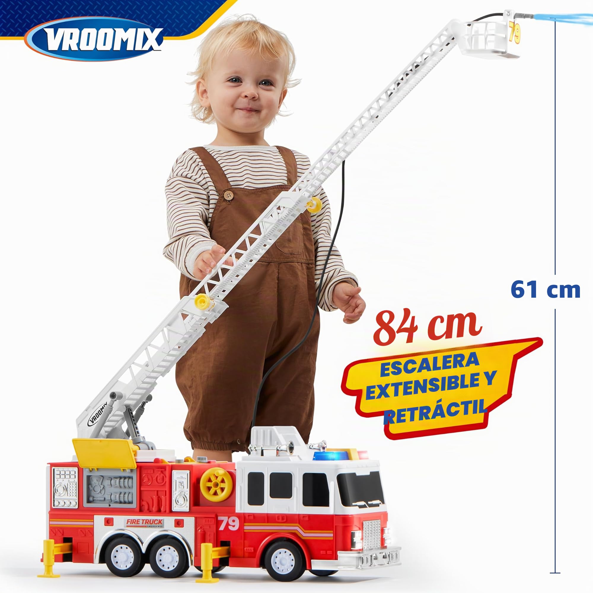 JOYIN Camión de Bomberos de Juguete Grande a Partir de 2 3 4 años, con Escalera de 83 cm, Coche de Juguete, Cuerpo Bomberos, Pulsadores Eléctricos, Luces, Sirenas, Manguera Giratorio y Bomba de Agua