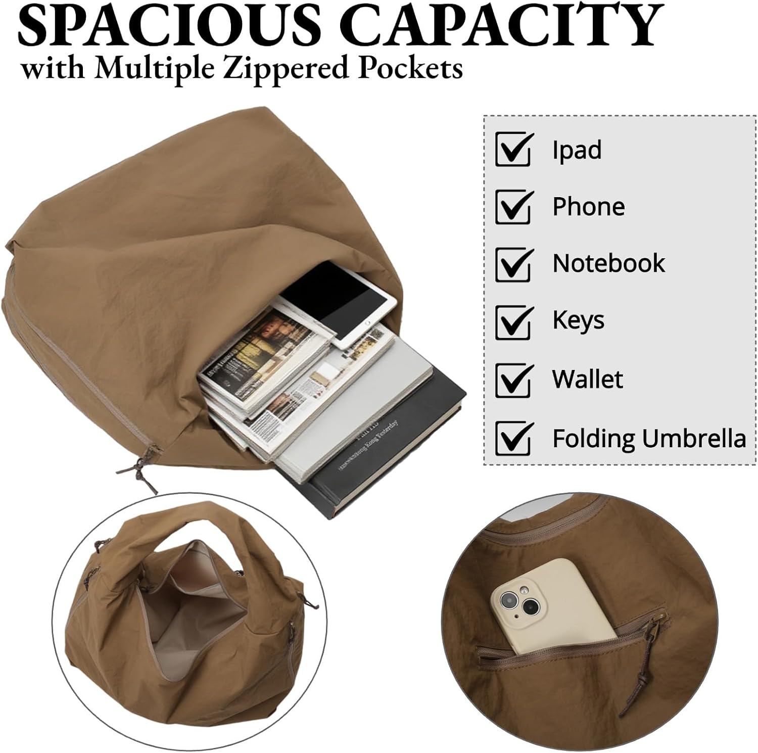 Slouchy Tote Bag for Women Large Nylon Shoulder Bag with Multiple Pockets Crescent Bag Underarm Hobo Bag for Travel Gym - Image 6