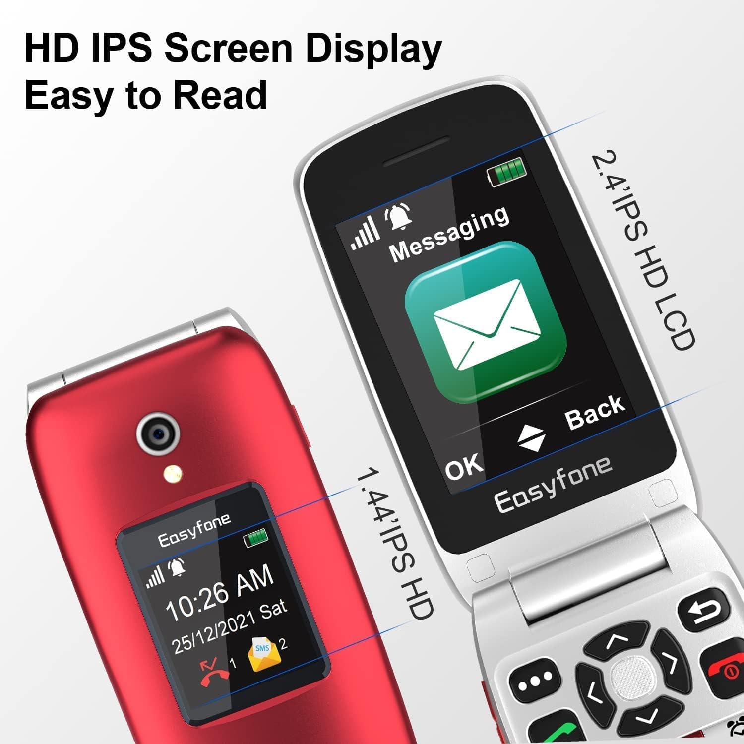 Easyfone Prime-A1 Pro 4G GSM Telefono Cellulare a conchiglia per Anziani, Telefono Cellulare con Tasti Grandi, Funzione SOS, Dual HD IPS Display, Base di ricarica, 1500mAh Batteria (Rosso)