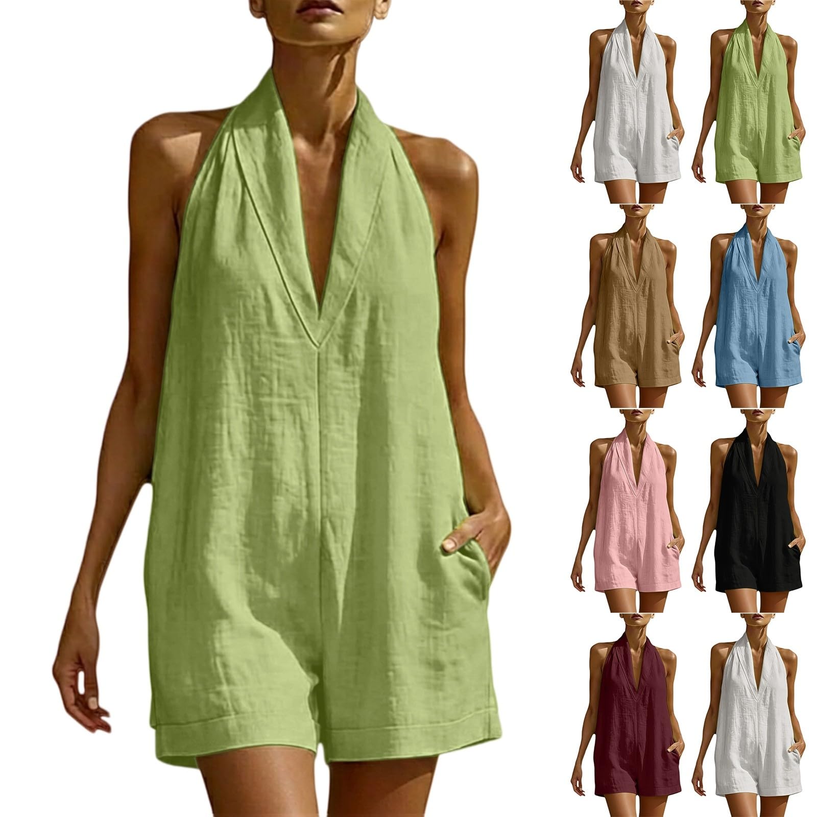Generisch Combinaison d'été courte pour femme, épaules dénudées, dos nu, col en V, barboteuse en mousseline de soie, couleur unie, salopette baggy pour la plage, les loisirs