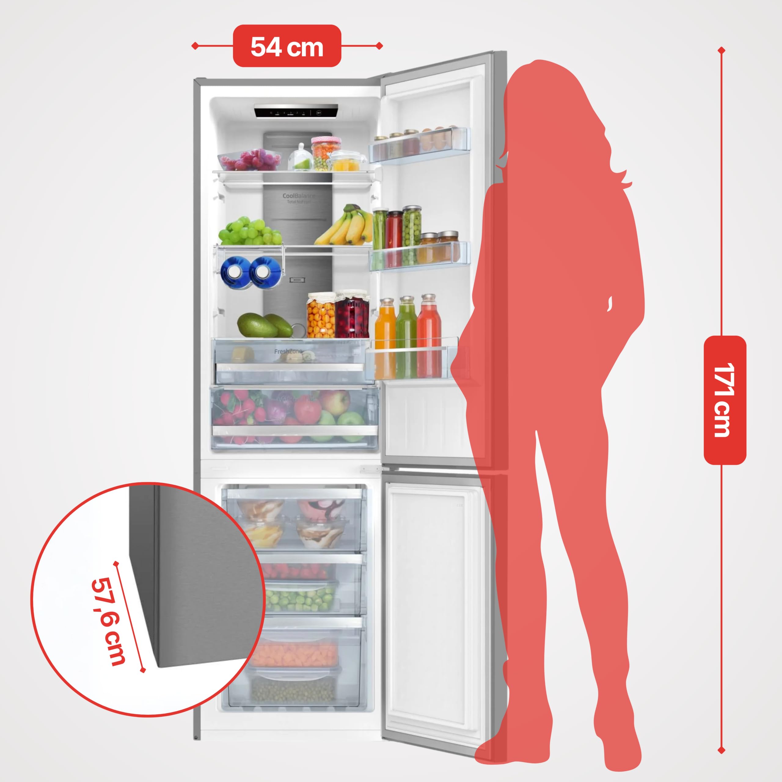 Amica KGCN 387 140 E lodówko-zamrażarka, wysokość 170 cm, szerokość 54 cm, pojemność 231 l, NoFrost, FreshZone, super chłodzenie, super zamrażanie, wygląd stali nierdzewnej