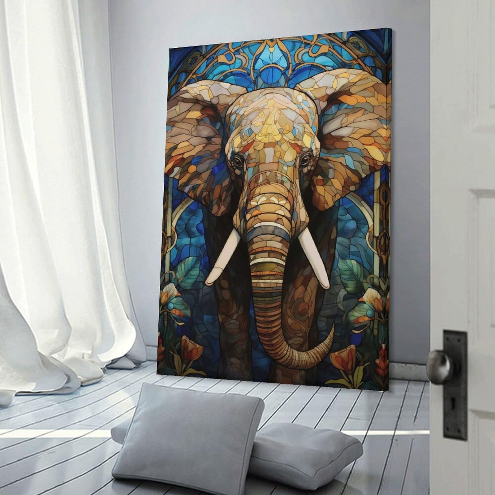 Junmoney Stained Glass Elephant Art Decorative Canvas Print 16x24inch(40x60cm), for Study, Office Or Focused Interiors, Wall Art That Adds Style to Work Areas