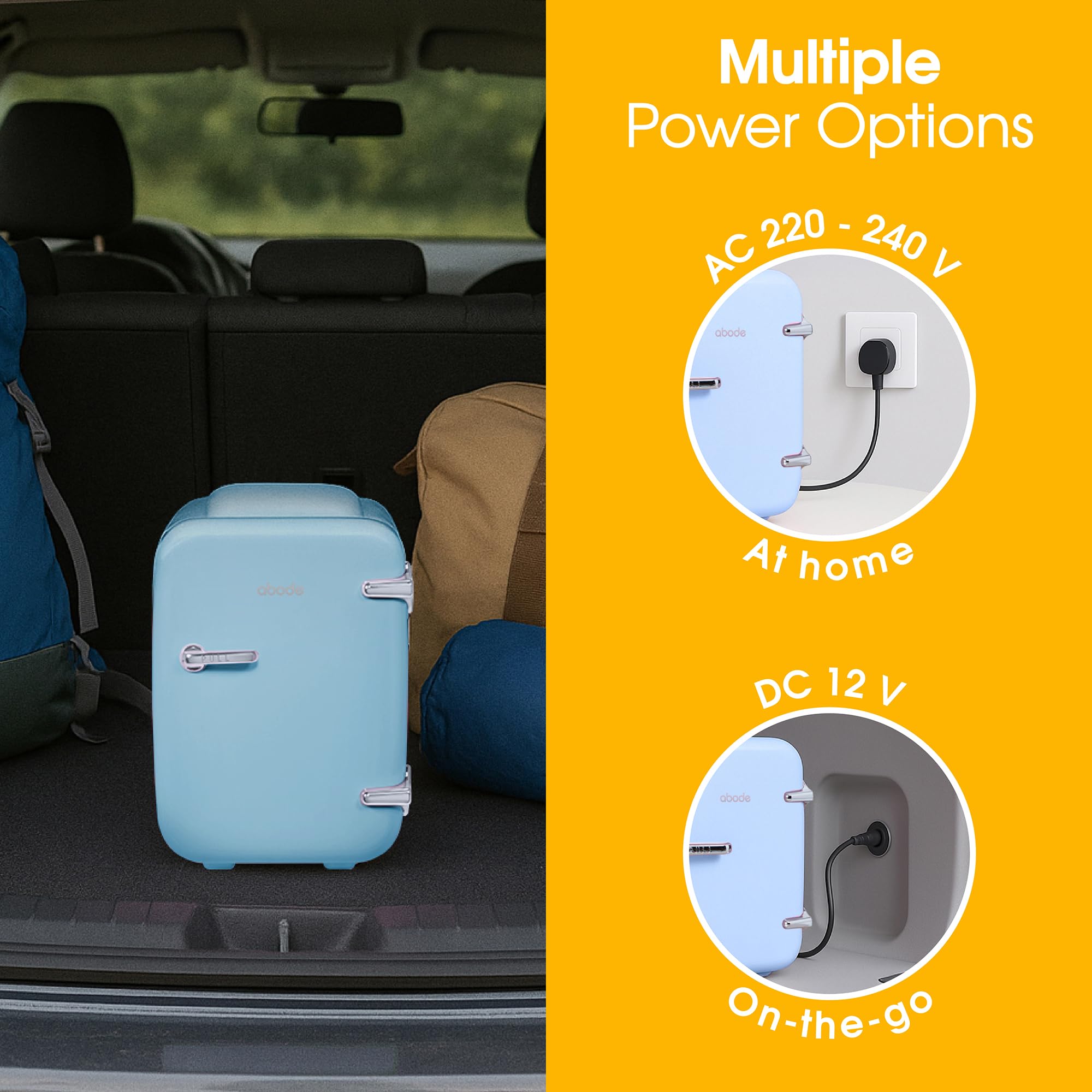 Abode Blue Mini Fridge A4CLR201BL 4L/6 Can Portable Thermoelectric Mini Cooler & Warmer for Drinks, Cosmetics/Makeup/Skincare, AC/DC Power, Retro Style, For Bedroom, Home, Caravan, Car — view 7