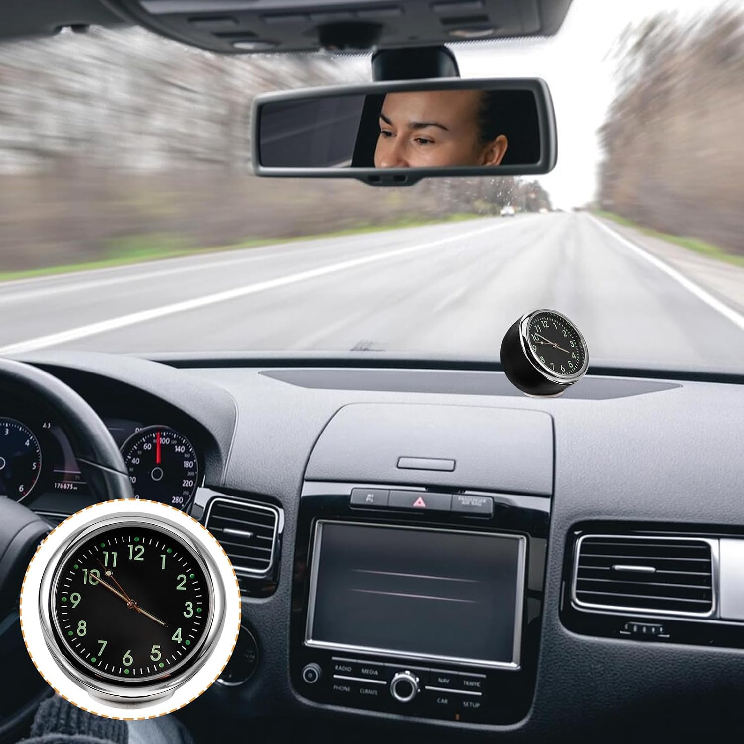 NUOBESTY Mini Car Clock for Dashboard with Luminous Display and Easy Installation Black Metal Automotive Clock for Vehicle Time Reading Stick