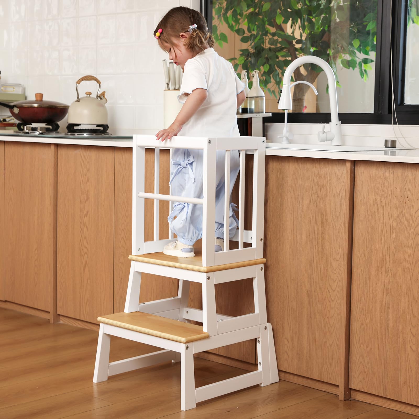 Kids Kitchen Step Stool, Toddler Montessori Learning Standing Tower, Ideal Toddler Kitchen Stool Helper for Bathroom Sink or Counter - 2025 Design with 3 Exclusive Upgrades - White Natural