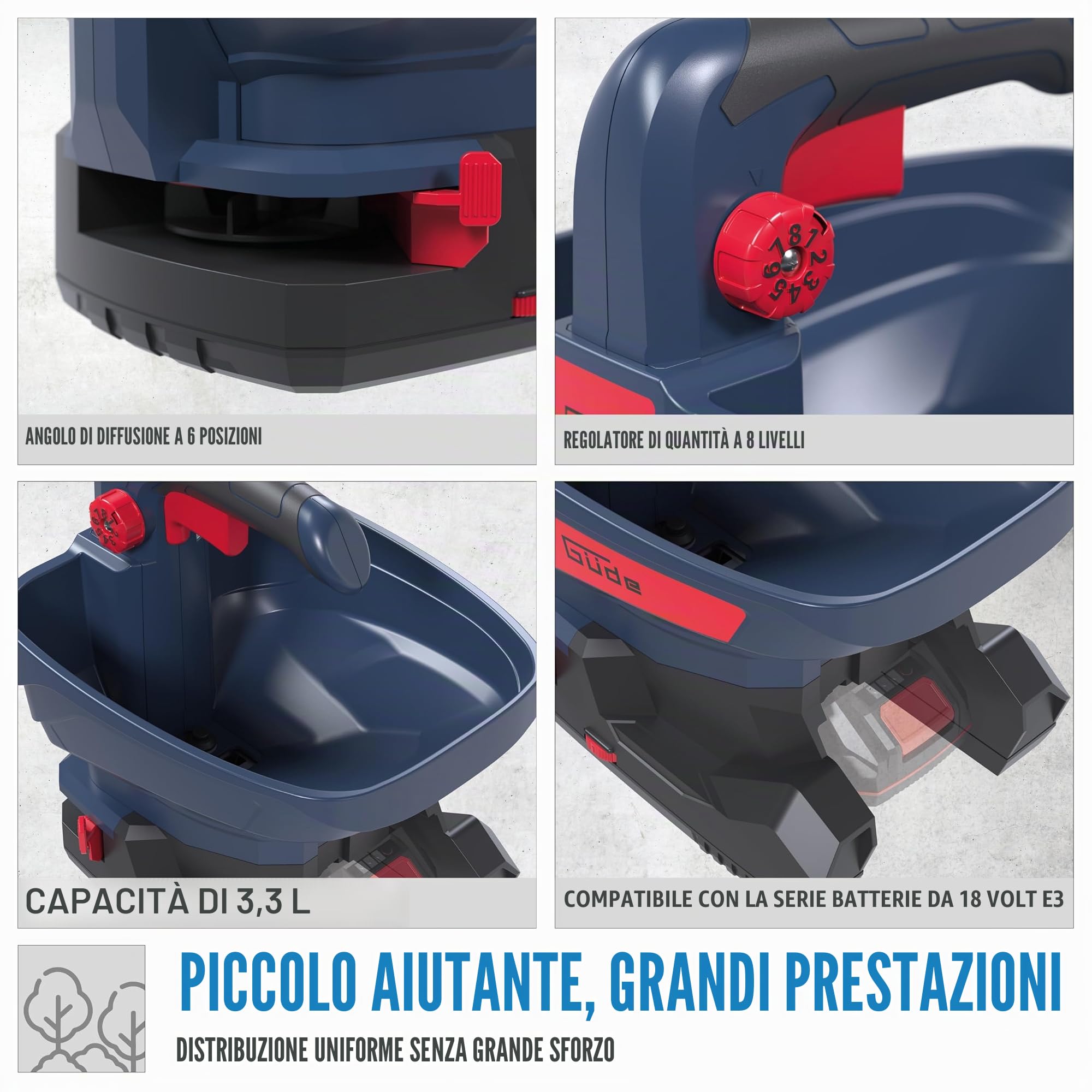 Güde Spargitore universale a batteria GUS 18-0 (18 V, 5 m di larghezza, 6 livelli di velocità, 8 livelli di dispersione, 6 angoli di diffusione, capacità 3,3 litri, senza batteria e caricatore)