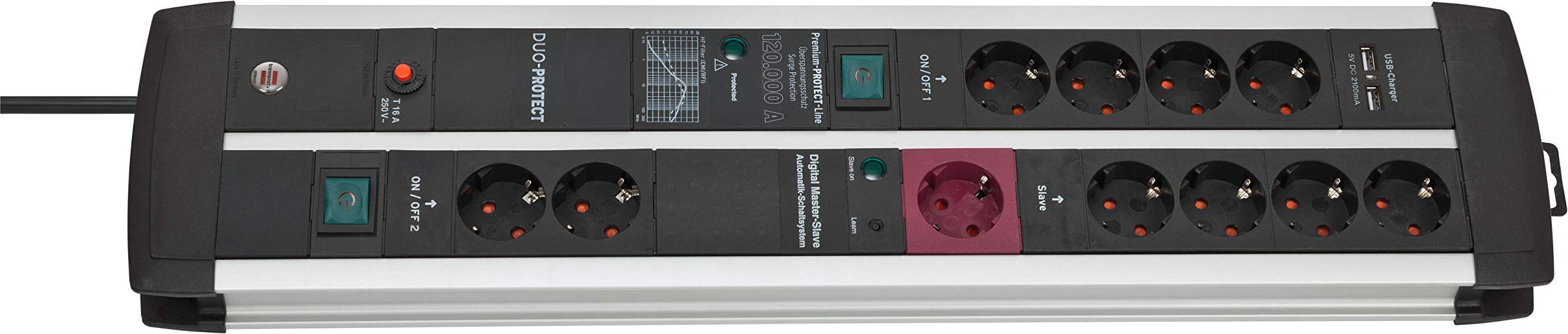 Brennenstuhl Premium-Protect-Line, Steckdosenleiste 11-fach mit Überspannungsschutz, Master Slave Funktion und USB-Ladefunktion (2 Schalter und 3m Kabel) schwarz