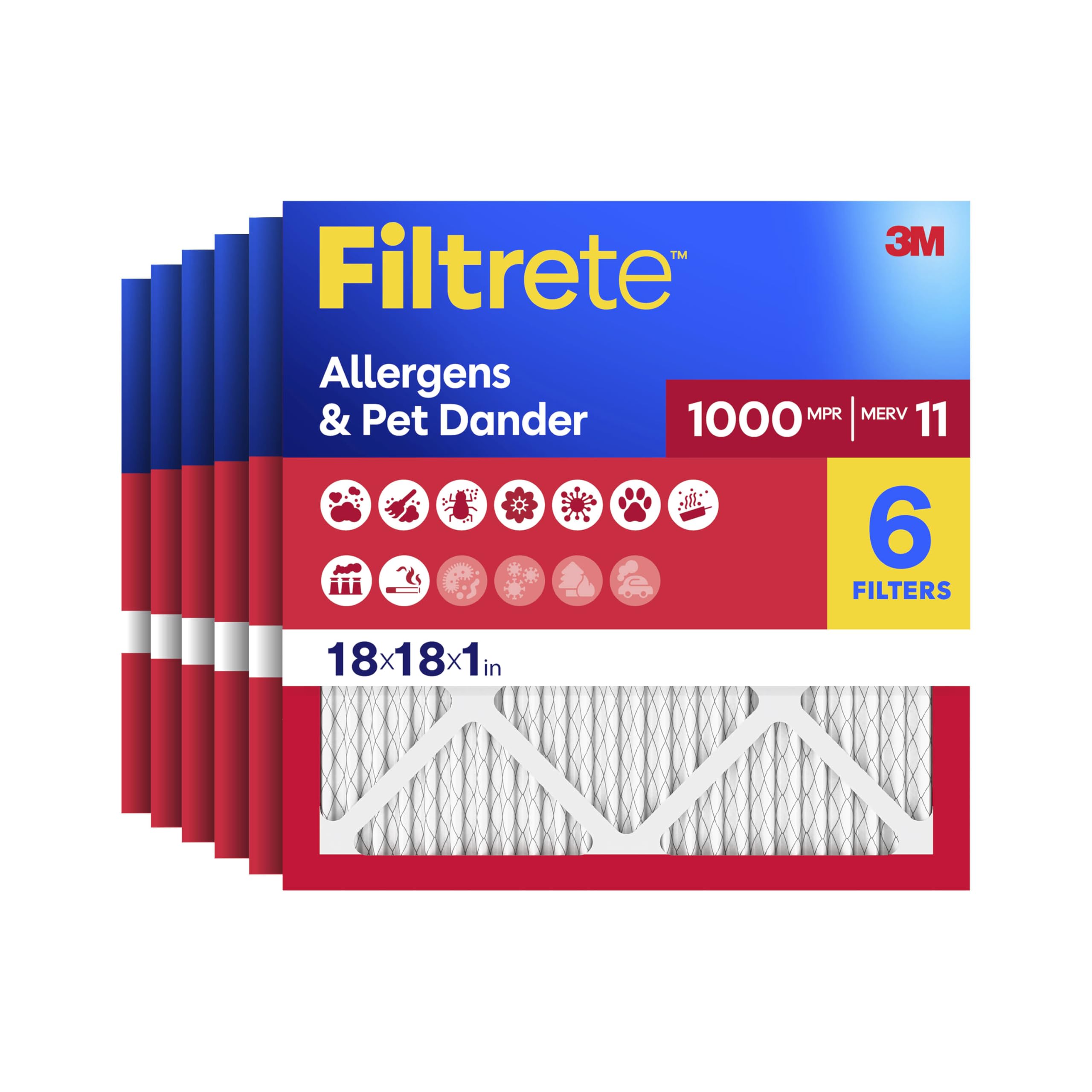 Filtrete 18x18x1 Air Filter MPR 1000 MERV 11, Allergen Defense, 6-Pack (Exact Dimensions 17.81x17.81x0.81)