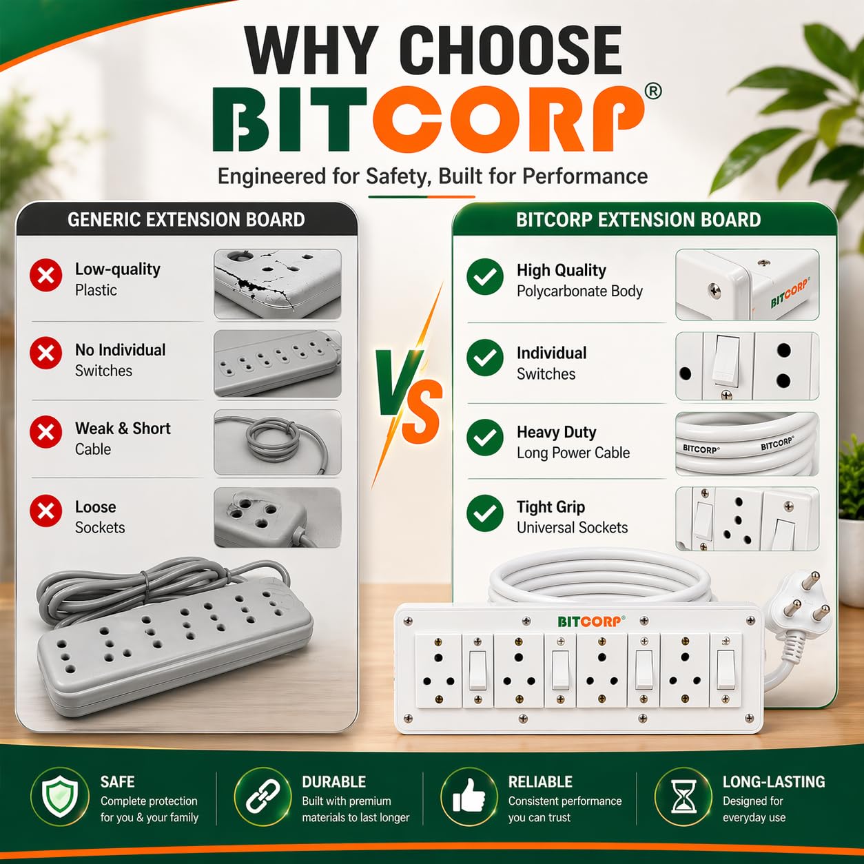 BITCORP 6A Extension Board - 4 Outlets, 1500W -5