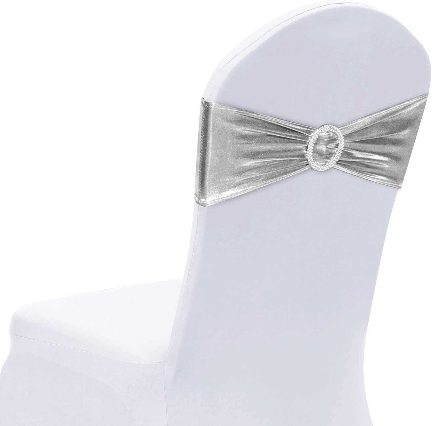 Obstal 50 PCS Spandex Stretch Chair Sashes Bows for Wedding Reception- Universal Elastic Chair Cover Bands with Buckle Slider for Banquet, Party, Hotel Event Decorations Sashes 50 Stamping Silver