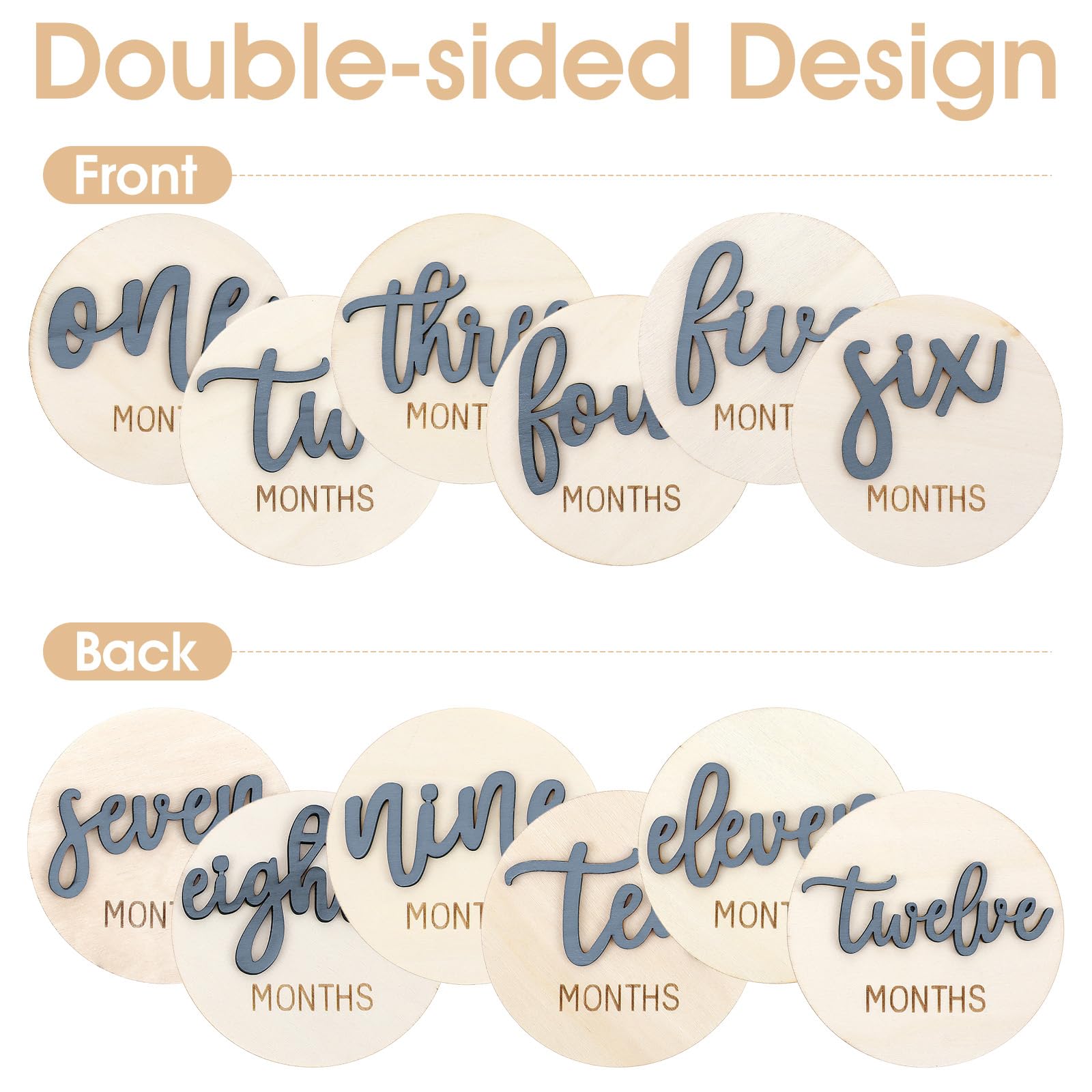 6 PCS Baby Monthly Milestone Cards, Double Sided Wooden 3D Milestone Cards Signs for Photos Announcement Sign 1-12 Months Photography Photo Newborn Keepsake Gift(Blue)